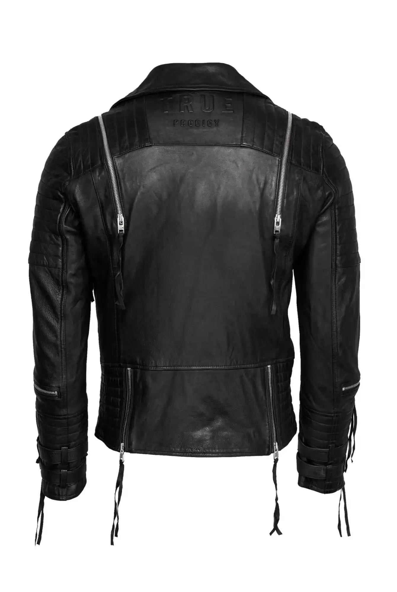 Die Jackson Bikerlederjacke mit Schnallen von trueprodigy zeigt sich von hinten, mit gesteppten Schultern und Armen, silbernen Reißverschlüssen, verstellbaren Schnürsenkeln und "TRUE"-Prägung am Kragen für den typischen Biker-Look.