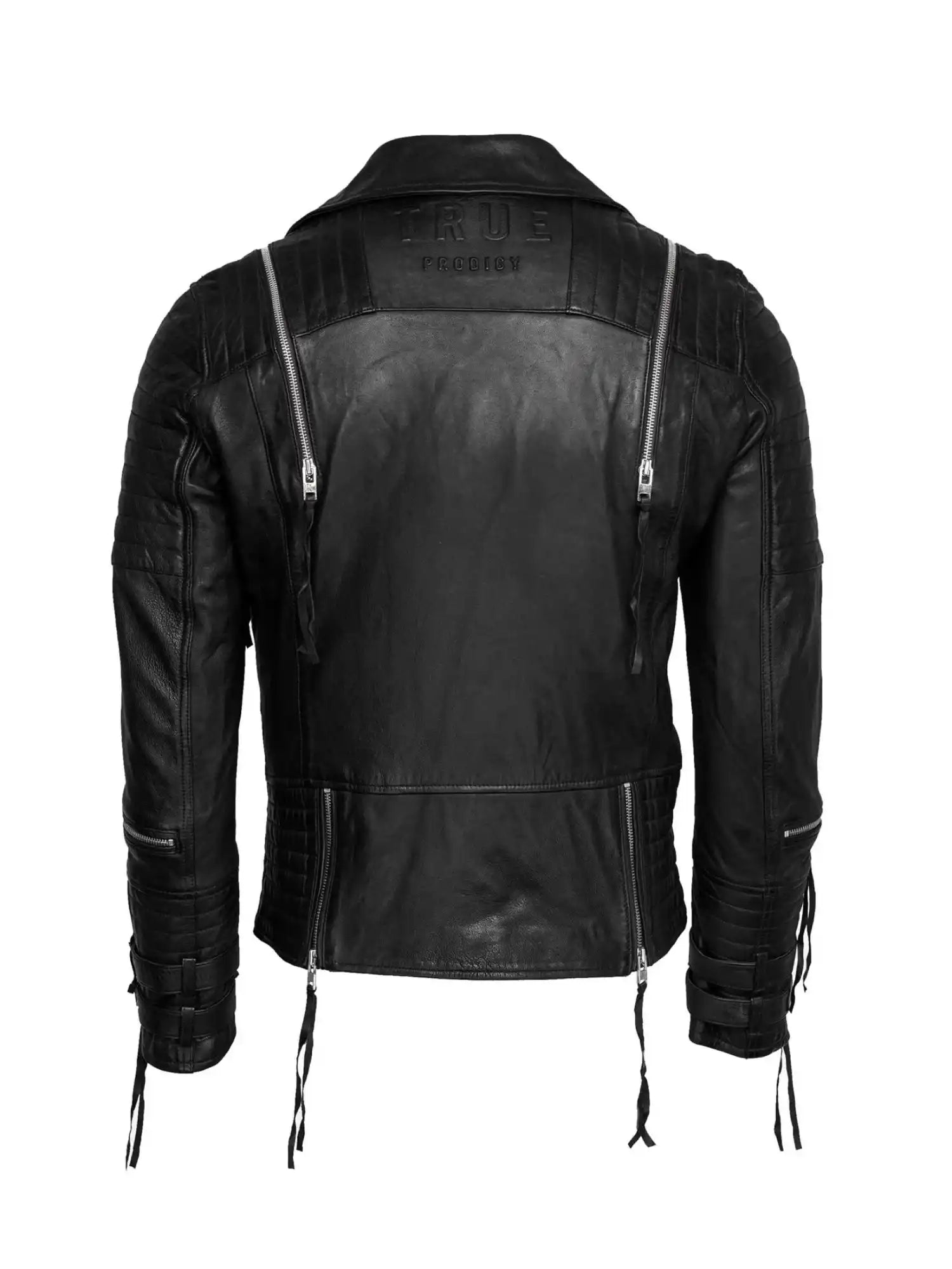 Die Jackson Bikerlederjacke mit Schnallen von trueprodigy zeigt sich von hinten, mit gesteppten Schultern und Armen, silbernen Reißverschlüssen, verstellbaren Schnürsenkeln und "TRUE"-Prägung am Kragen für den typischen Biker-Look.