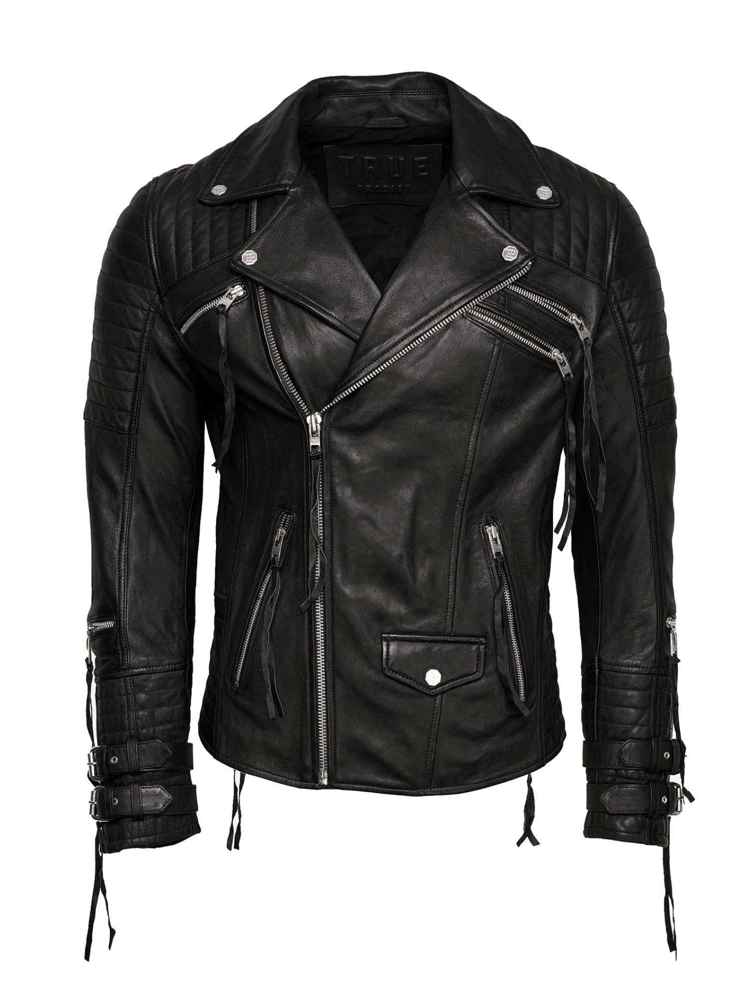 Die schwarze Biker Lederjacke Herren "Jackson" von trueprodigy verfügt über mehrere Reißverschlusstaschen, gesteppte Schulter- und Armpaneele, Manschettenriemen mit Schnallen und einen asymmetrischen Frontreißverschluss.