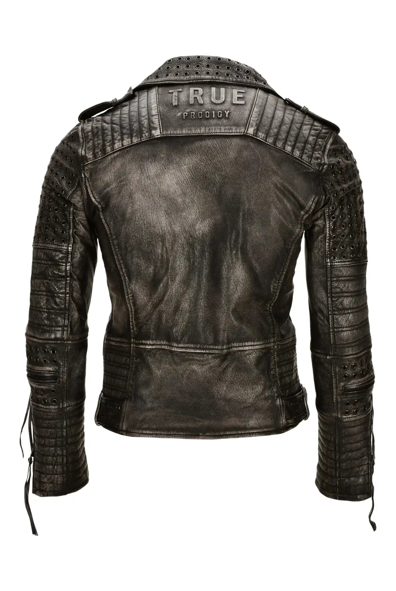 Die Geralt Vintage Lederjacke mit Ösen von trueprodigy ist eine schwarze Lederjacke in Rückenansicht mit gesteppten Einsätzen, perforierten Schulter- und Armteilen und einer "trueprodigy"-Prägung auf dem oberen Rücken.