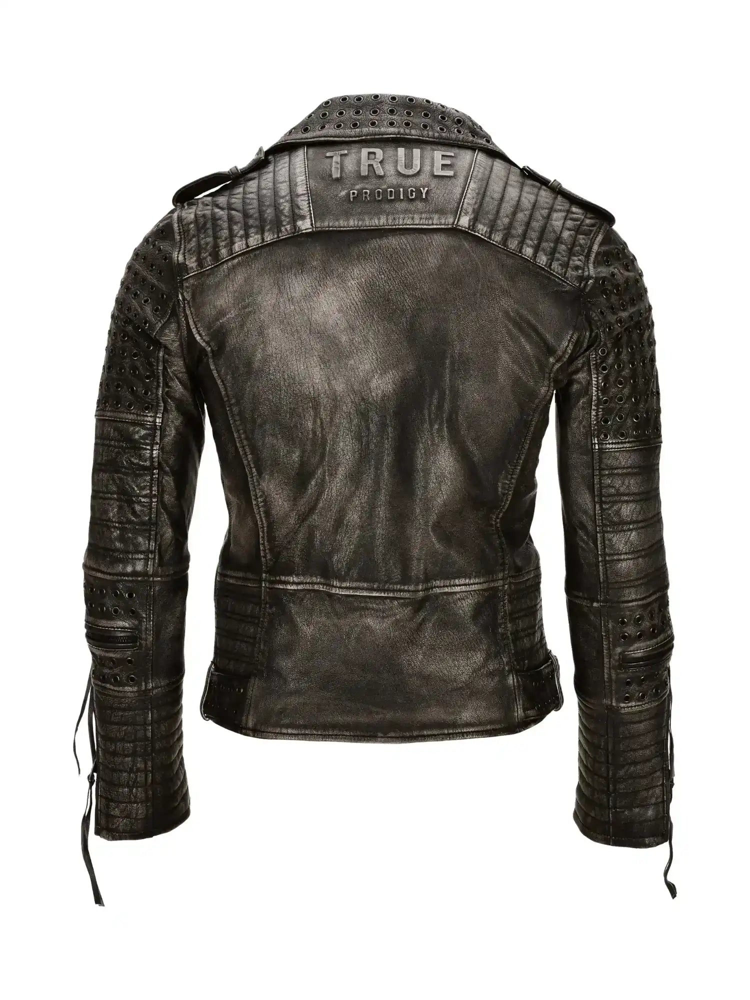 Die Geralt Vintage Lederjacke mit Ösen von trueprodigy ist eine schwarze Lederjacke in Rückenansicht mit gesteppten Einsätzen, perforierten Schulter- und Armteilen und einer "trueprodigy"-Prägung auf dem oberen Rücken.