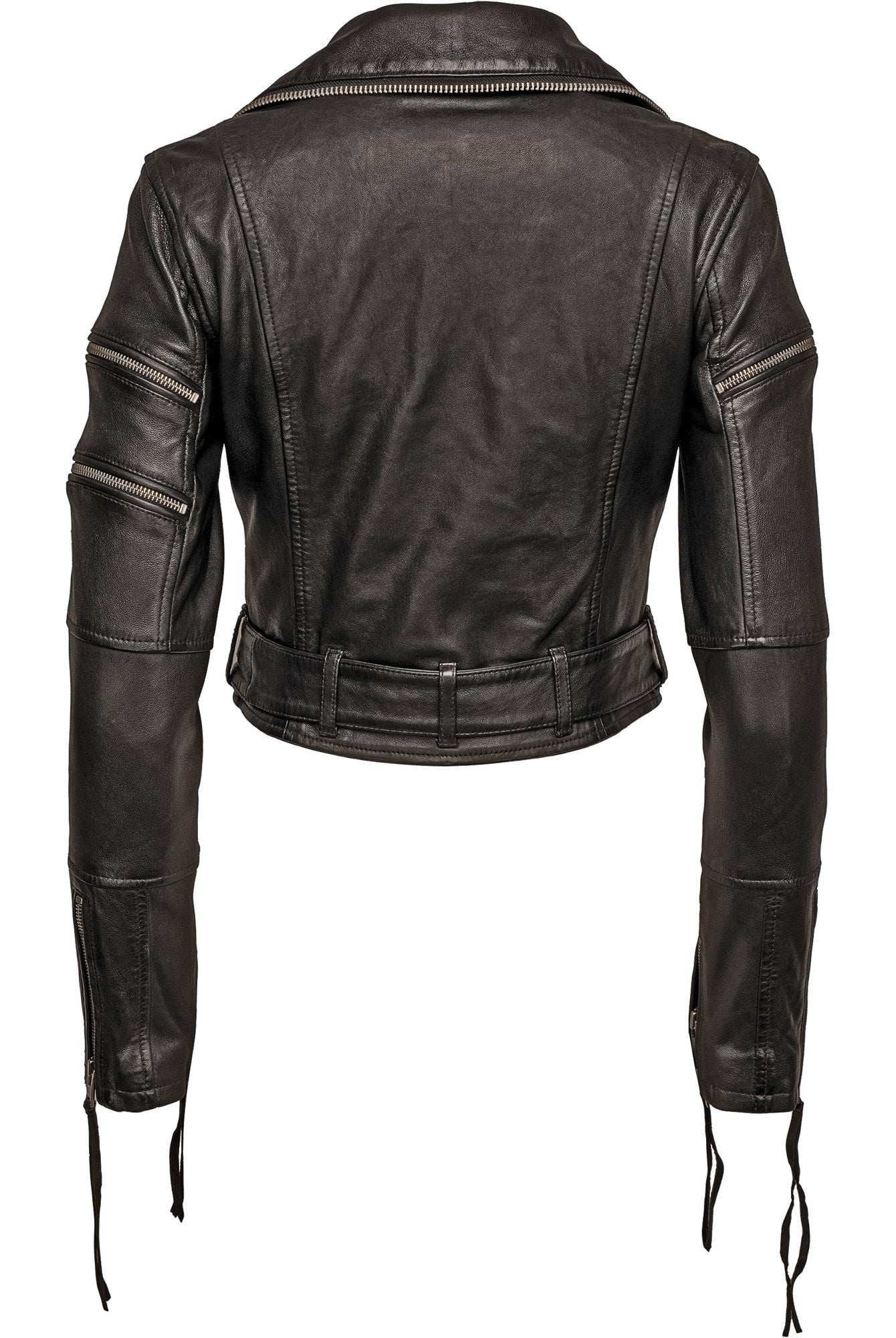 Die Bikerlederjacke mit Gürtel von trueprodigy für Damen ist aus schwarzem Schafsleder gefertigt und zeigt Zipper-Details an den Ärmeln, einen cropped Bund mit Gürtelschlaufen sowie sichtbare Nähte für einen strukturierten Look.