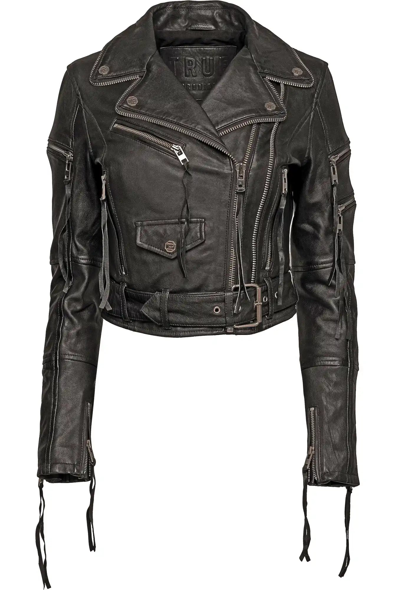 Die schwarze Bikerlederjacke mit Gürtel von trueprodigy für Damen aus Schafsleder bietet mehrere Reißverschlüsse, Druckknöpfe, einen gekerbten Revers-Kragen und Reißverschluss-Ärmel. Die Jacke ist vor weißem Hintergrund abgebildet.