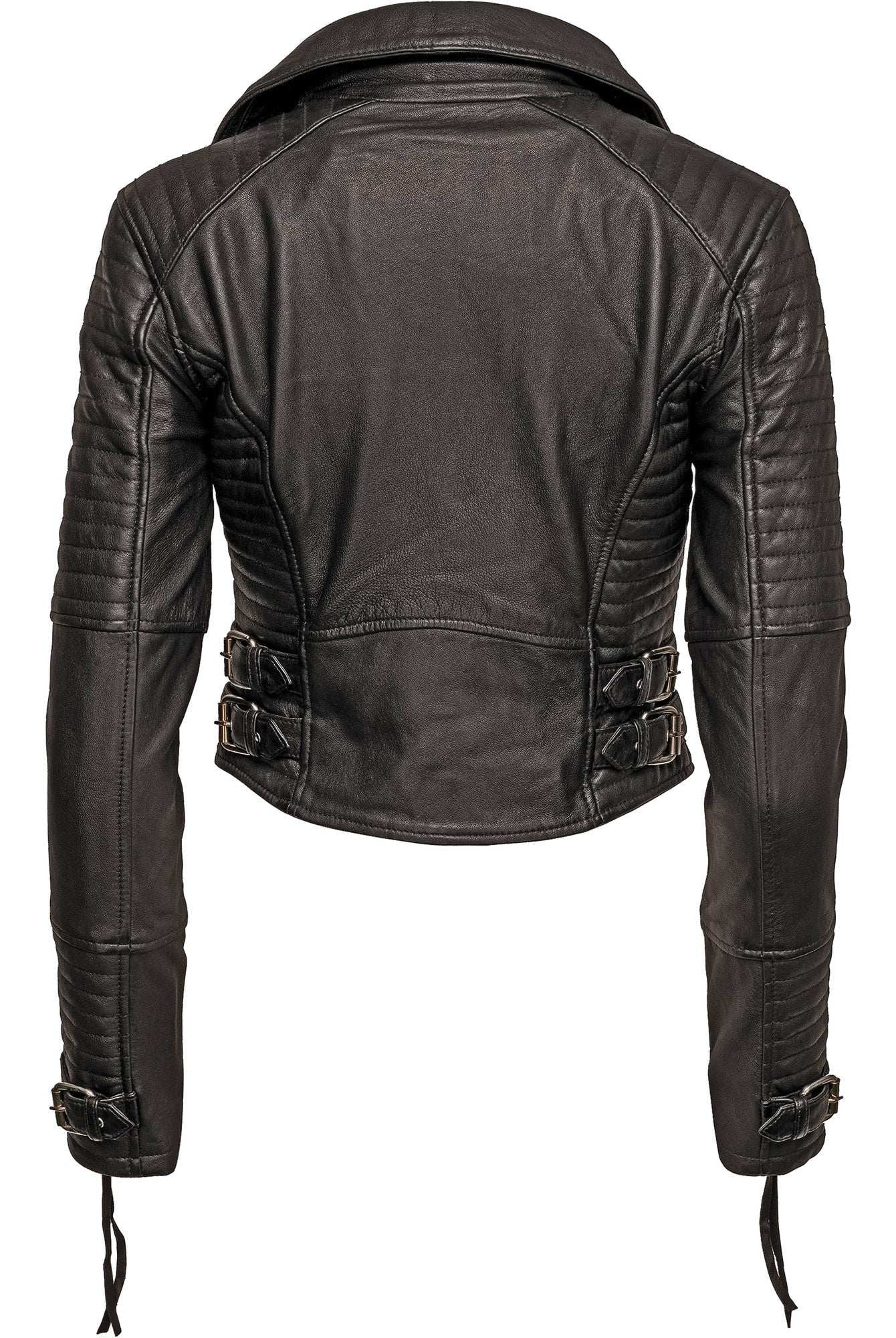 Die Bikerlederjacke mit Schnallen von trueprodigy aus schwarzem Schafsleder zeigt sich von hinten mit gesteppten Schultern und Oberarmen, verstellbaren Seitenschnallen und Zippern an den Ärmeln im angesagten Biker-Look.