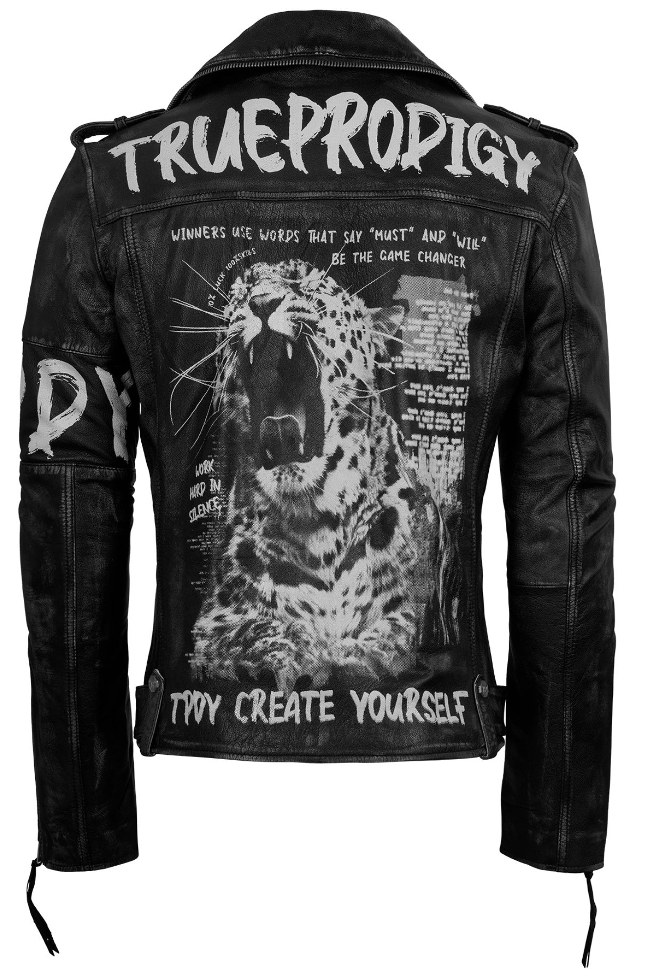 Die Biker Lederjacke Herren "Russell" von trueprodigy aus schwarzem Ziegenleder besticht durch ein auffälliges weißes Branding und einen auffälligen Leoparden-Rückenprint mit Graffiti-Akzenten für einen auffälligen Look.