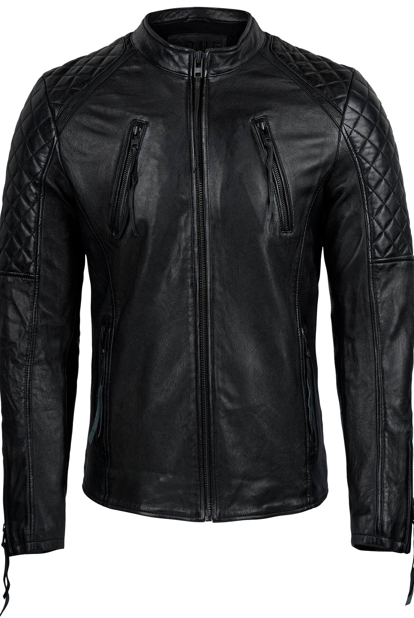 Die trueprodigy Racing Lederjacke Herren "Franky" in schwarzem Schafsleder verfügt über einen Frontreißverschluss, gesteppte (Rautensteppung) Schultern und Oberärmel, sowie vier vertikale Reißverschlusstaschen - zwei auf der Brust und zwei am Bund.