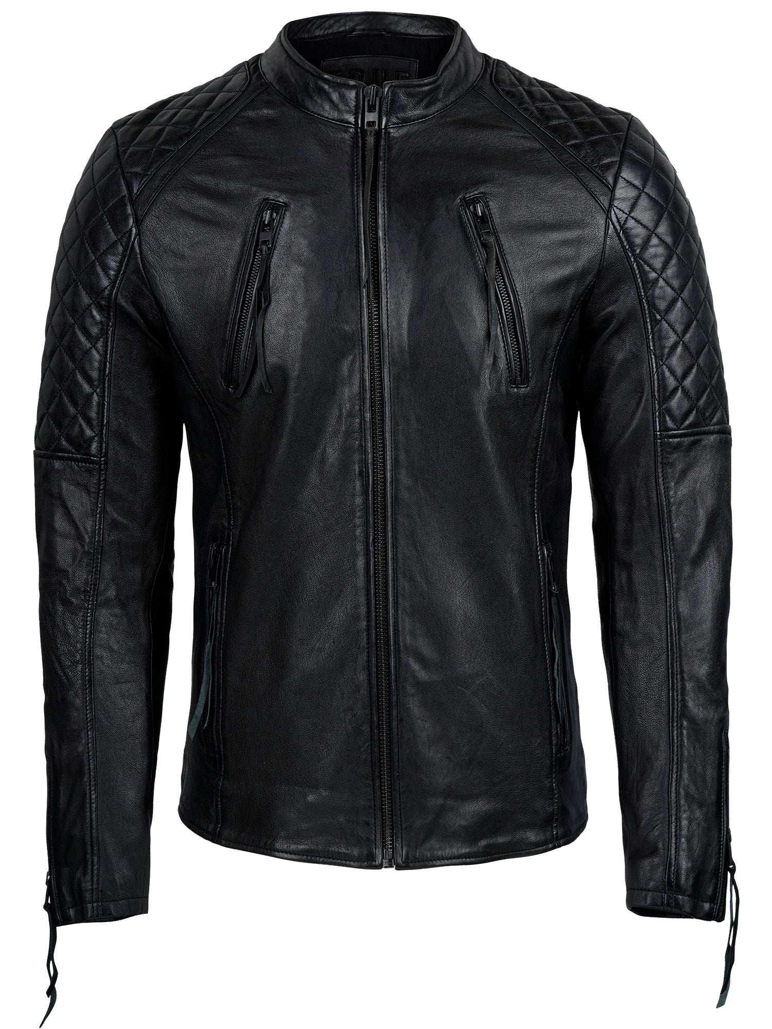 Die trueprodigy Racing Lederjacke Herren "Franky" in schwarzem Schafsleder verfügt über einen Frontreißverschluss, gesteppte (Rautensteppung) Schultern und Oberärmel, sowie vier vertikale Reißverschlusstaschen - zwei auf der Brust und zwei am Bund.