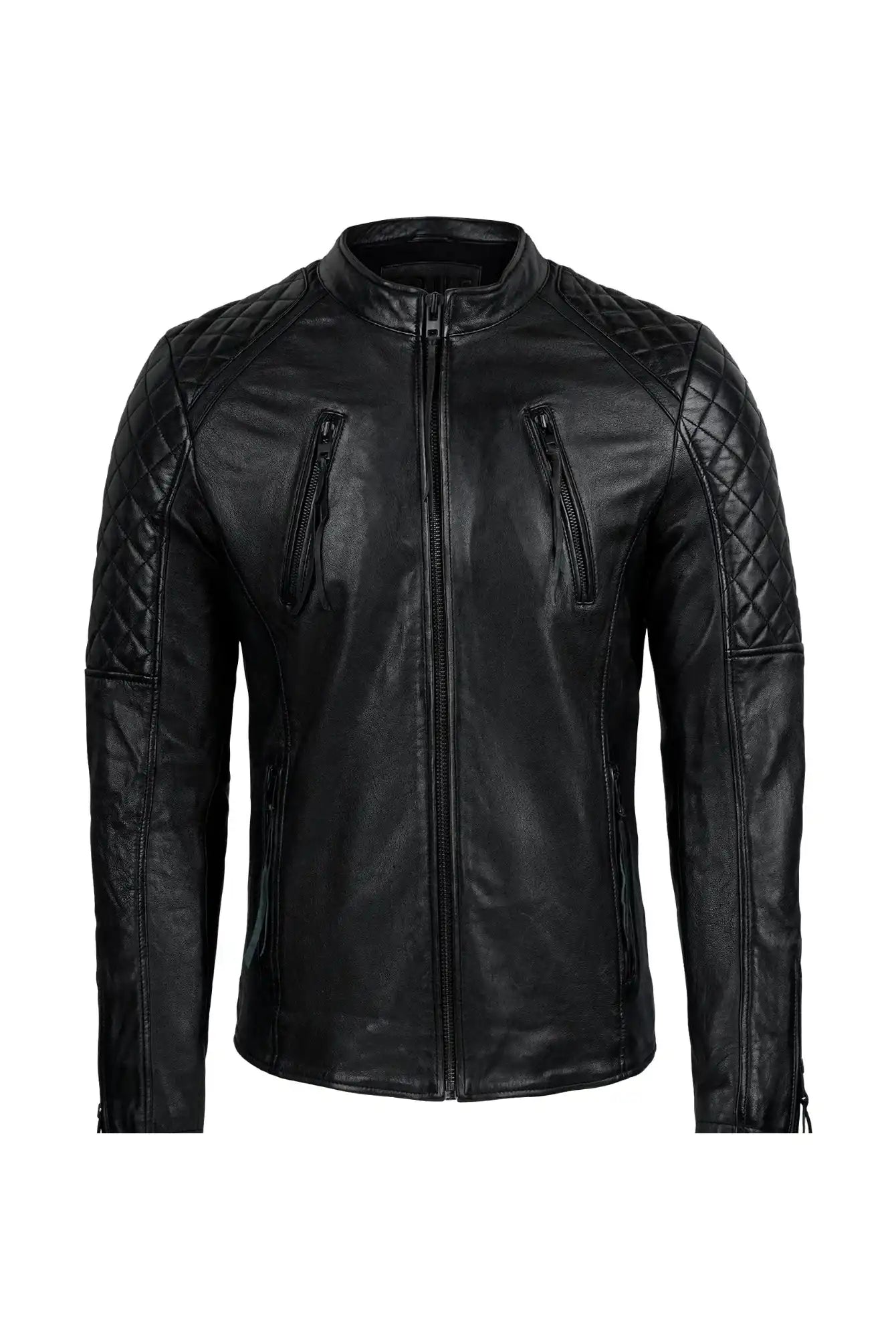 Die trueprodigy Franky Lederjacke mit Stehkragen in Schwarz verfügt über einen Frontreißverschluss, gesteppte Schultern und Oberarme, zwei vertikale Brusttaschen mit Reißverschluss und ein Slim Fit Design, abgebildet auf einem schlichten weißen Hintergrund.