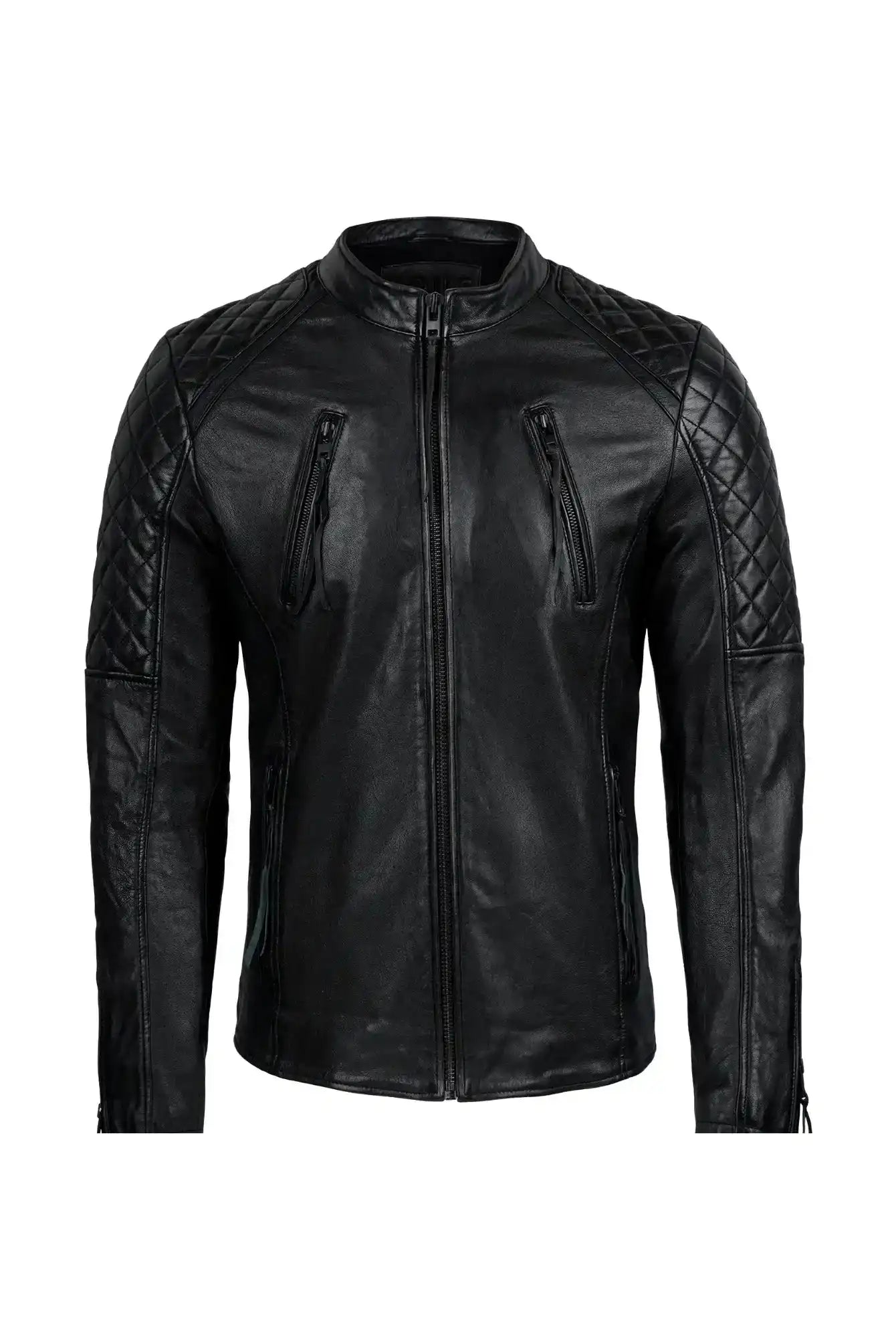 Die trueprodigy Franky Lederjacke mit Stehkragen in Schwarz verfügt über einen Frontreißverschluss, gesteppte Schultern und Oberarme, zwei vertikale Brusttaschen mit Reißverschluss und ein Slim Fit Design, abgebildet auf einem schlichten weißen Hintergrund.