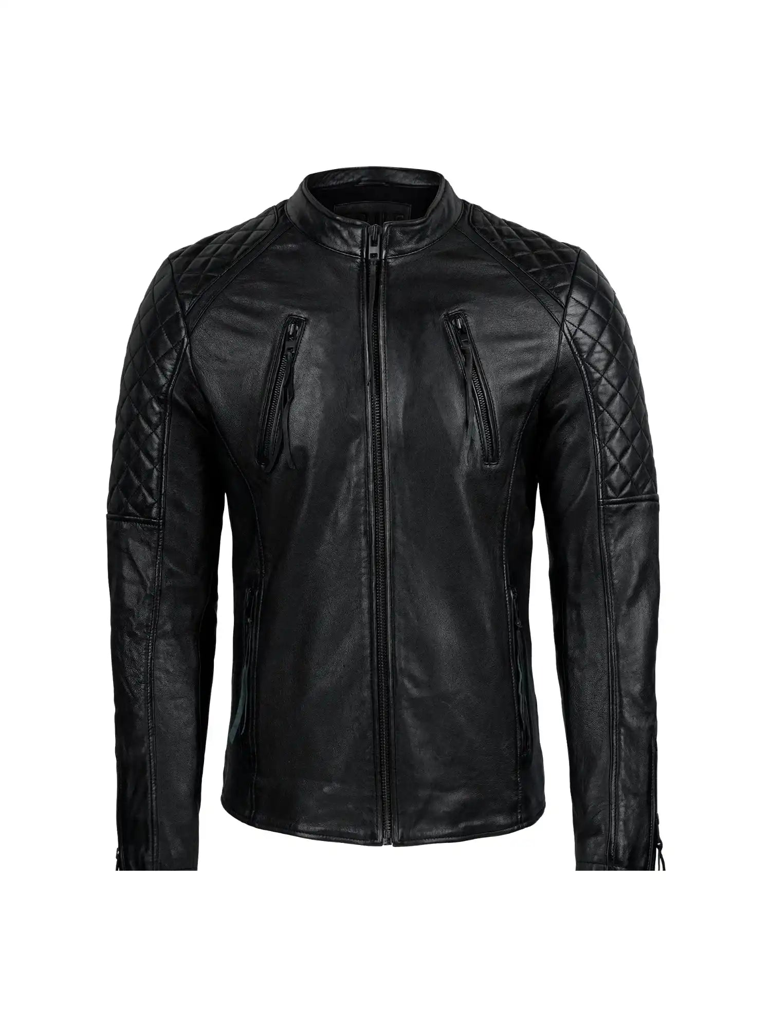 Die trueprodigy Franky Lederjacke mit Stehkragen in Schwarz verfügt über einen Frontreißverschluss, gesteppte Schultern und Oberarme, zwei vertikale Brusttaschen mit Reißverschluss und ein Slim Fit Design, abgebildet auf einem schlichten weißen Hintergrund.