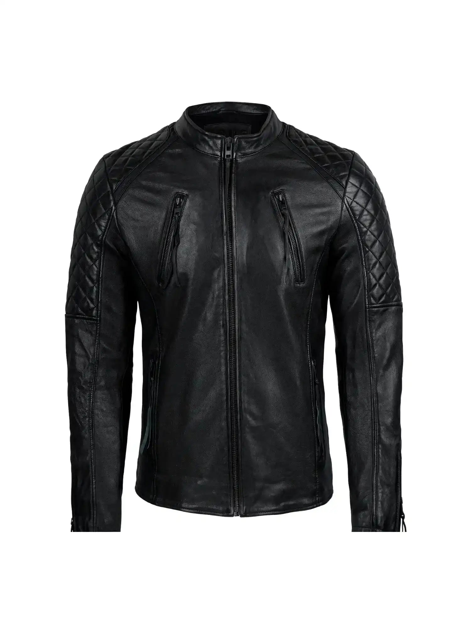 Die trueprodigy Franky Lederjacke mit Stehkragen in Schwarz verfügt über einen Frontreißverschluss, gesteppte Schultern und Oberarme, zwei vertikale Brusttaschen mit Reißverschluss und ein Slim Fit Design, abgebildet auf einem schlichten weißen Hintergrund.