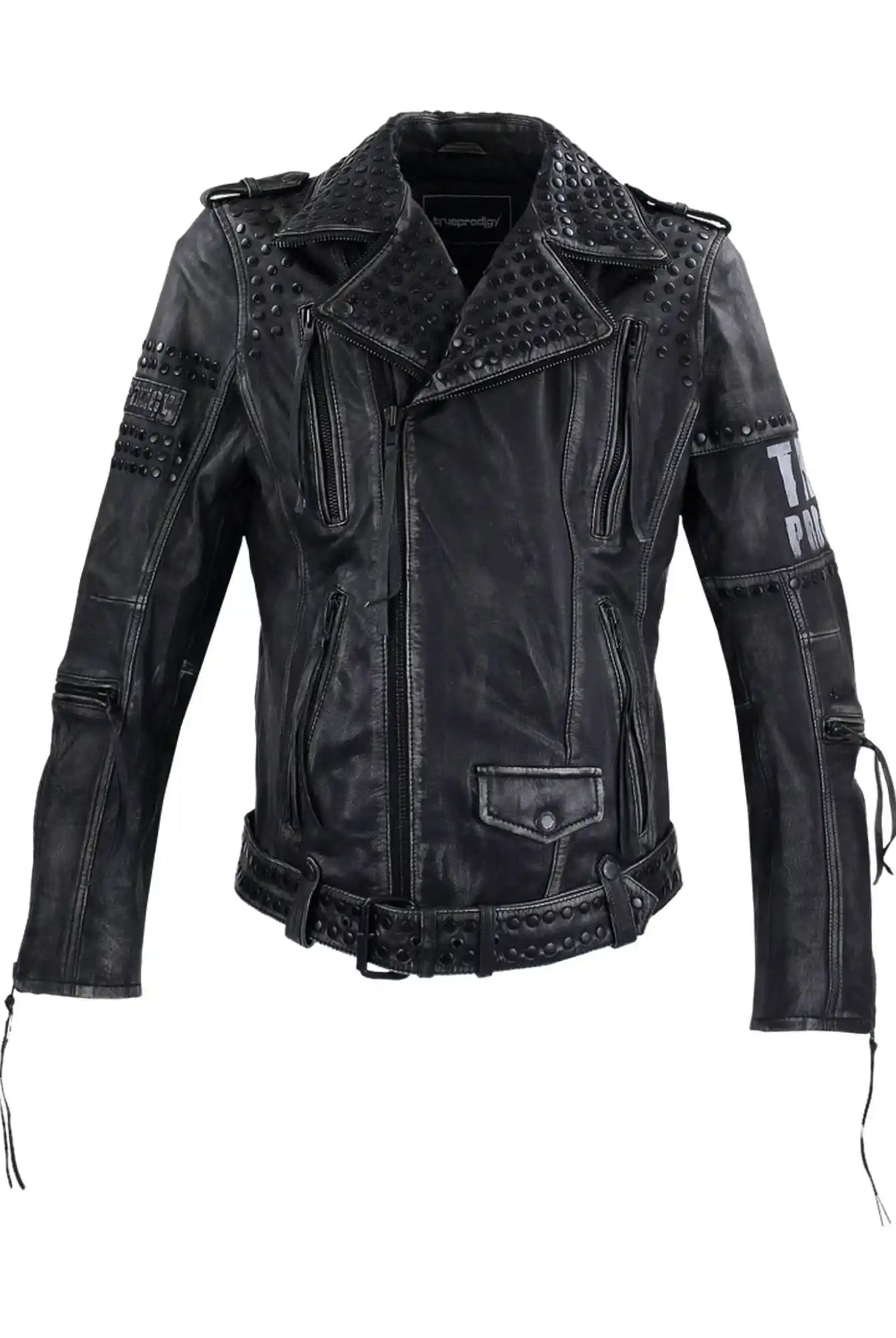 Die Dwayne Lederjacke mit Nieten und Druck von trueprodigy überzeugt im klassischen Biker-Look: Schwarz, mit silbernen Nieten, Zippern, Reverskragen, Taillengürtel sowie auffälligen Patches und Texten an den Ärmeln im angesagten Used-Look.