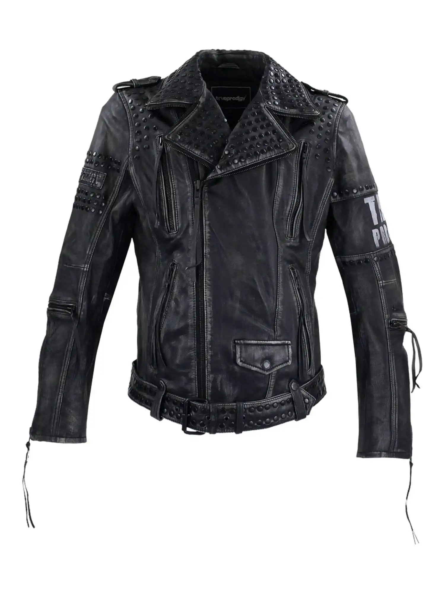 Die Dwayne Lederjacke mit Nieten und Druck von trueprodigy überzeugt im klassischen Biker-Look: Schwarz, mit silbernen Nieten, Zippern, Reverskragen, Taillengürtel sowie auffälligen Patches und Texten an den Ärmeln im angesagten Used-Look.
