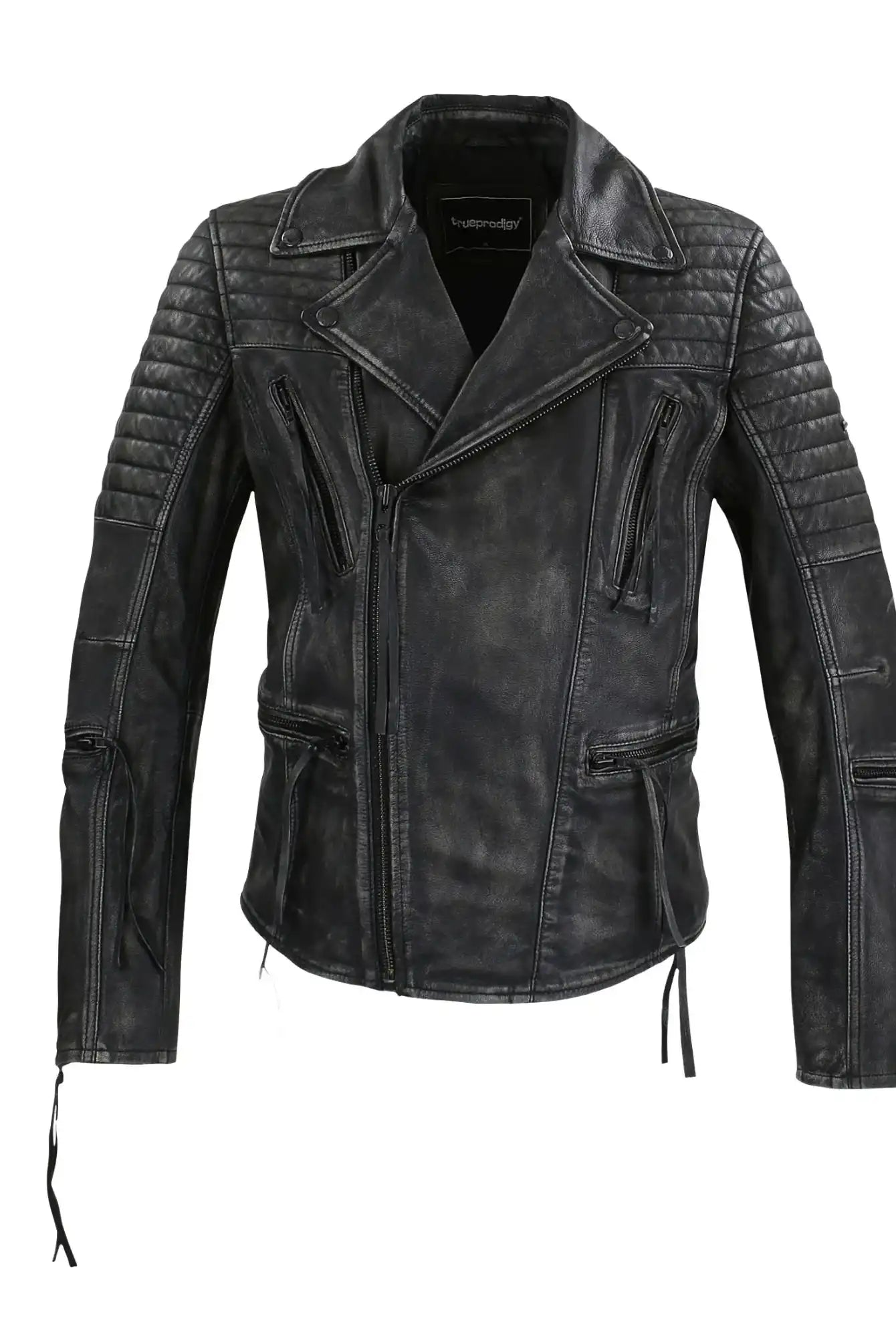 Die Bryan Lederjacke mit Vintage Optik von trueprodigy ist eine schwarze Herrenlederjacke im Biker-Stil mit Steppschultern, mehreren Reißverschlusstaschen und Zipper-Ärmeln, präsentiert vor weißem Hintergrund.