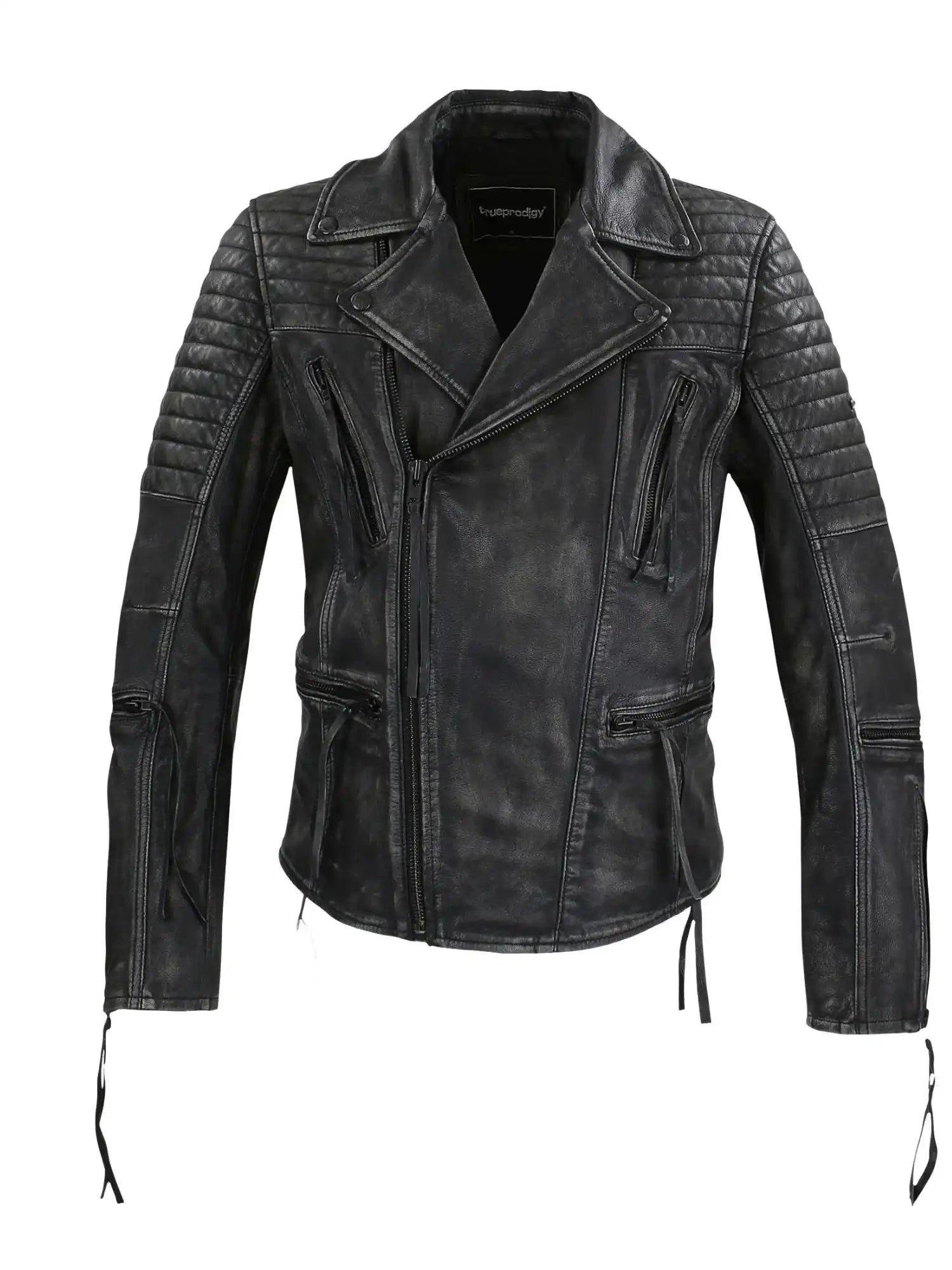 Die Bryan Lederjacke mit Vintage Optik von trueprodigy ist eine schwarze Herrenlederjacke im Biker-Stil mit Steppschultern, mehreren Reißverschlusstaschen und Zipper-Ärmeln, präsentiert vor weißem Hintergrund.