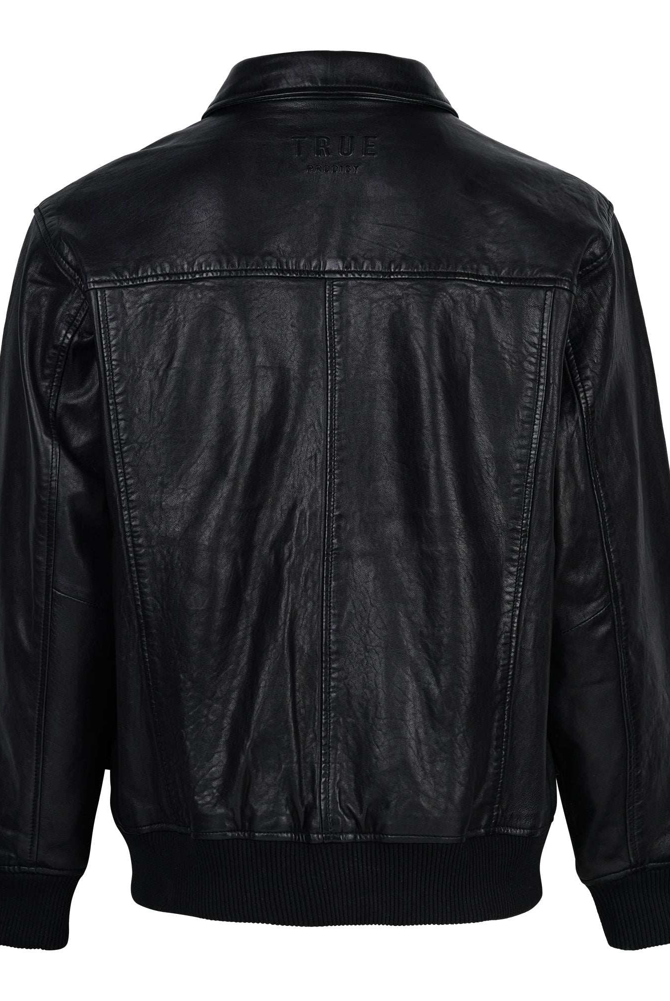Die Ryder Oversize-Lederjacke von trueprodigy zeigt sich von hinten in Schwarz, mit Stehkragen, 3D-Silikon-Logo, Retro-Details, Rippbündchen an Ärmeln und Bund, mit dezent glänzendem Leder.