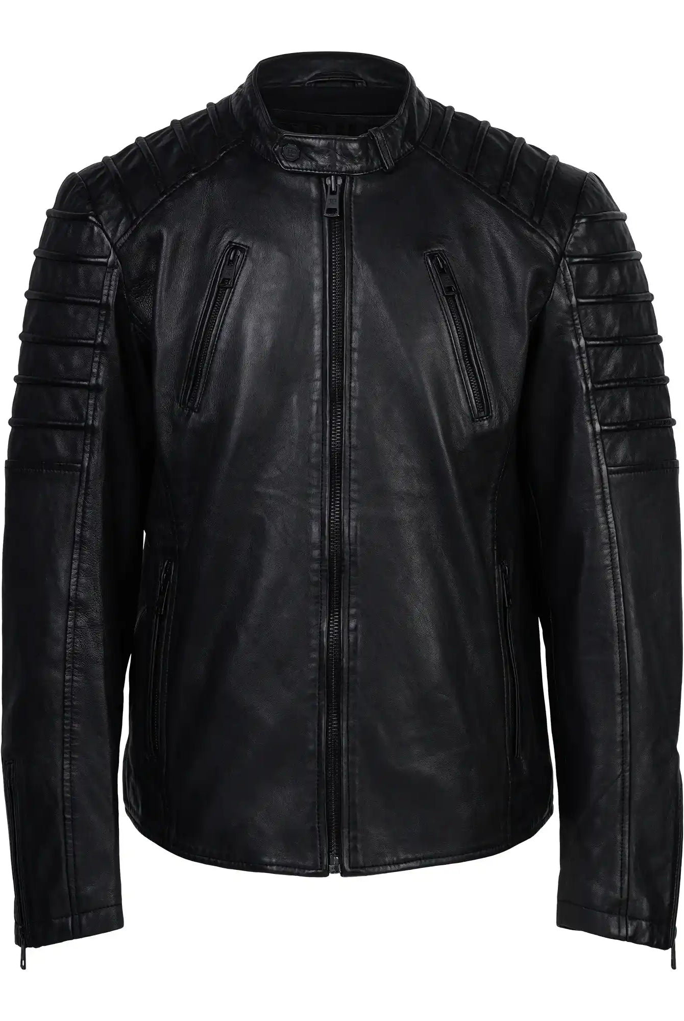 Die Dash Slim-Fit-Lederjacke mit Stehkragen & Zipper-Details von trueprodigy ist eine schwarze Schafslederjacke mit gesteppten Schultern und Oberarmen, Frontreißverschluss, Brusttaschen mit Reißverschluss und einem schlanken, schmalen Schnitt.