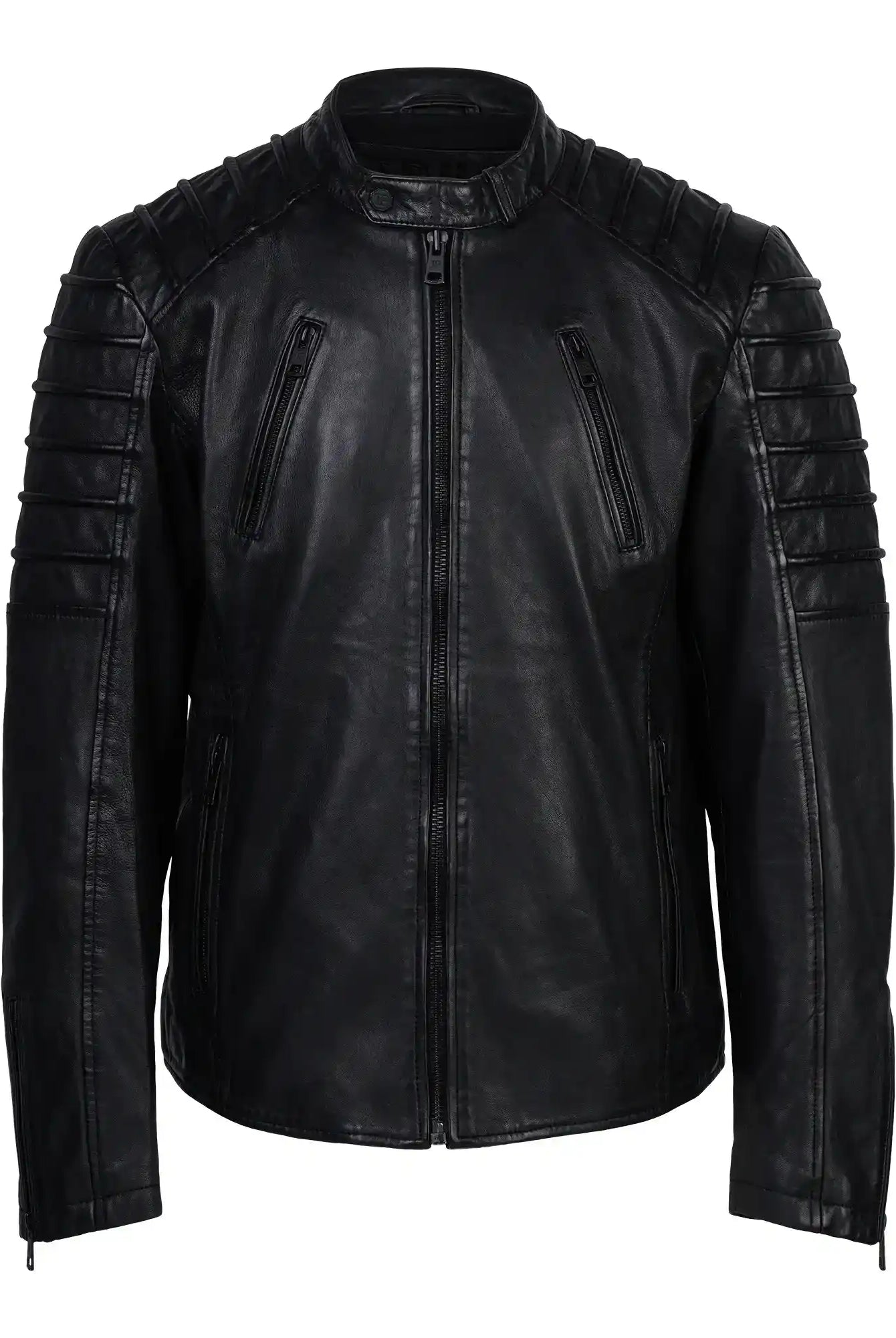 Die Dash Slim-Fit-Lederjacke mit Stehkragen & Zipper-Details von trueprodigy ist eine schwarze Schafslederjacke mit gesteppten Schultern und Oberarmen, Frontreißverschluss, Brusttaschen mit Reißverschluss und einem schlanken, schmalen Schnitt.