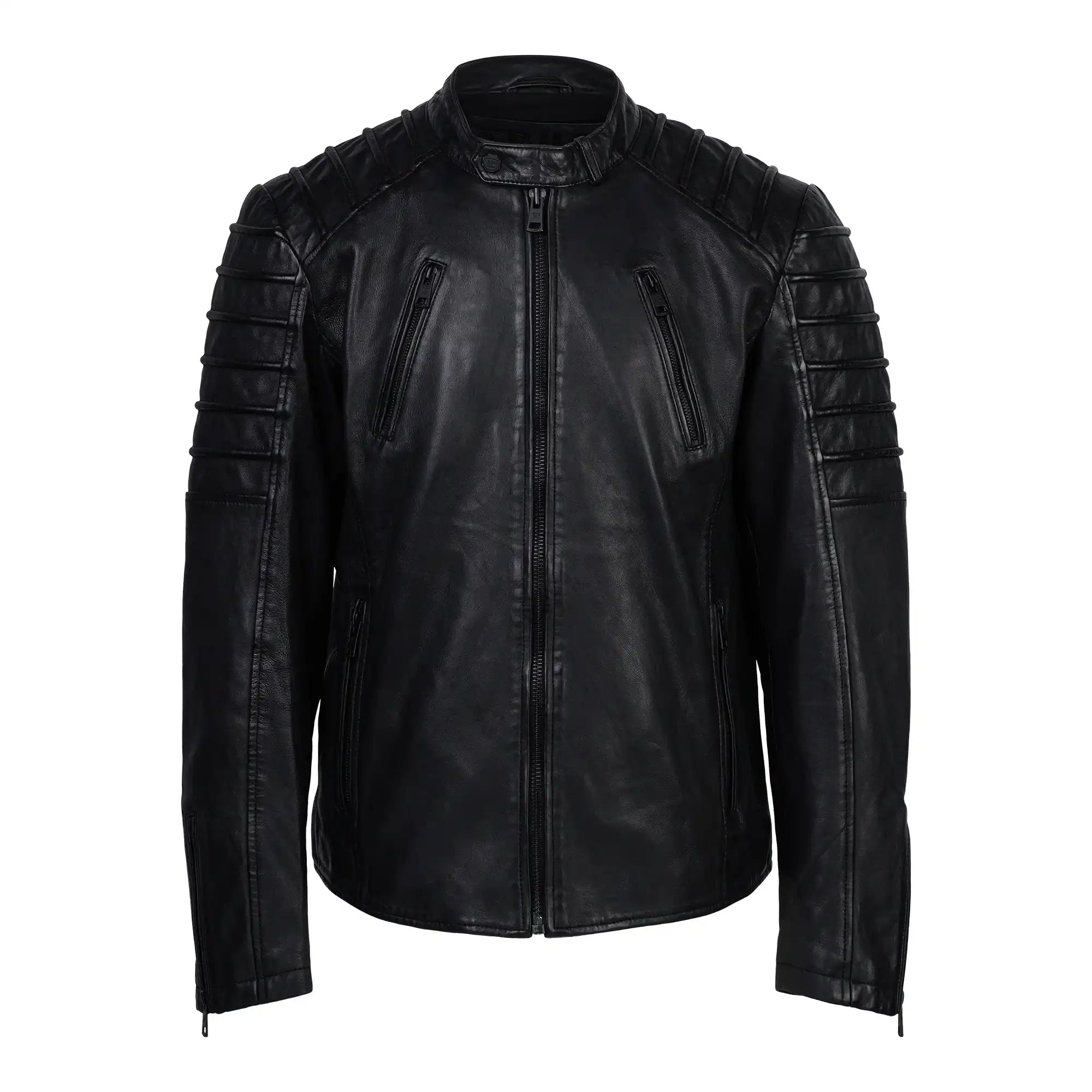 Die Dash Slim-Fit-Lederjacke mit Stehkragen & Zipper-Details von trueprodigy ist eine schwarze Schafslederjacke mit gesteppten Schultern und Oberarmen, Frontreißverschluss, Brusttaschen mit Reißverschluss und einem schlanken, schmalen Schnitt.