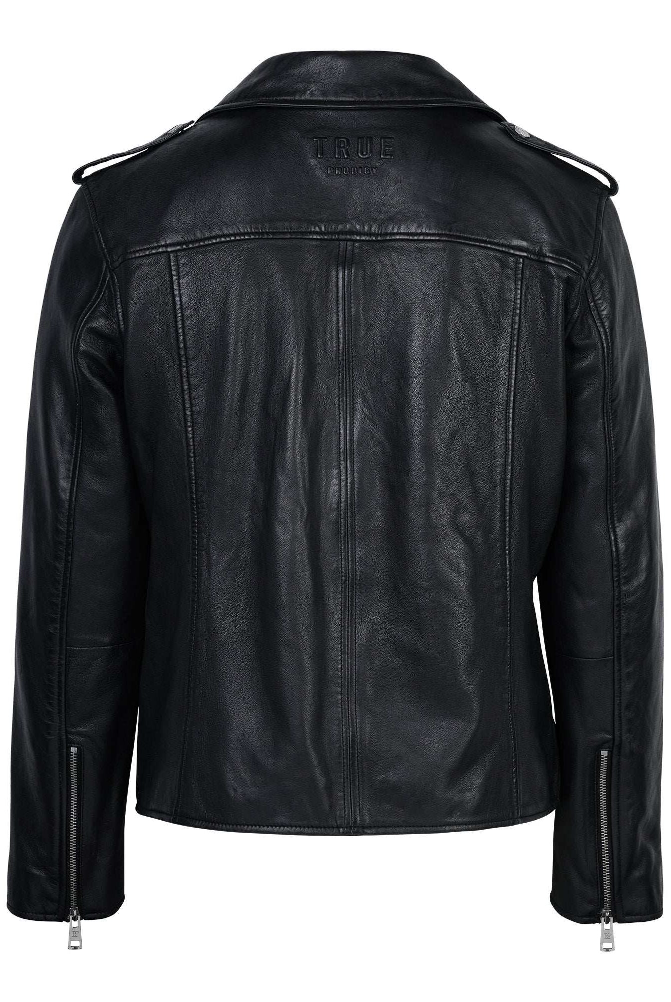 Eine schwarze trueprodigy Easton Leder-Bikerjacke wird von hinten gezeigt, mit Schulterklappen, Reißverschlussbündchen, sichtbaren Nähten und einem 3D-Logo unter dem Kragen.