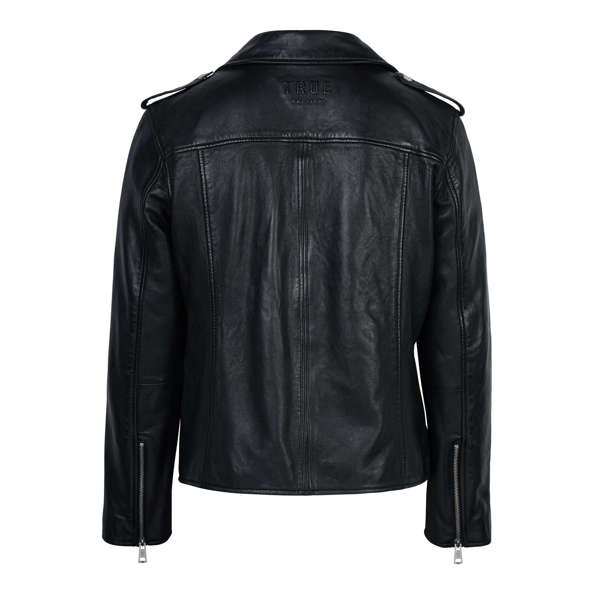 Eine schwarze trueprodigy Easton Leder-Bikerjacke wird von hinten gezeigt, mit Schulterklappen, Reißverschlussbündchen, sichtbaren Nähten und einem 3D-Logo unter dem Kragen.