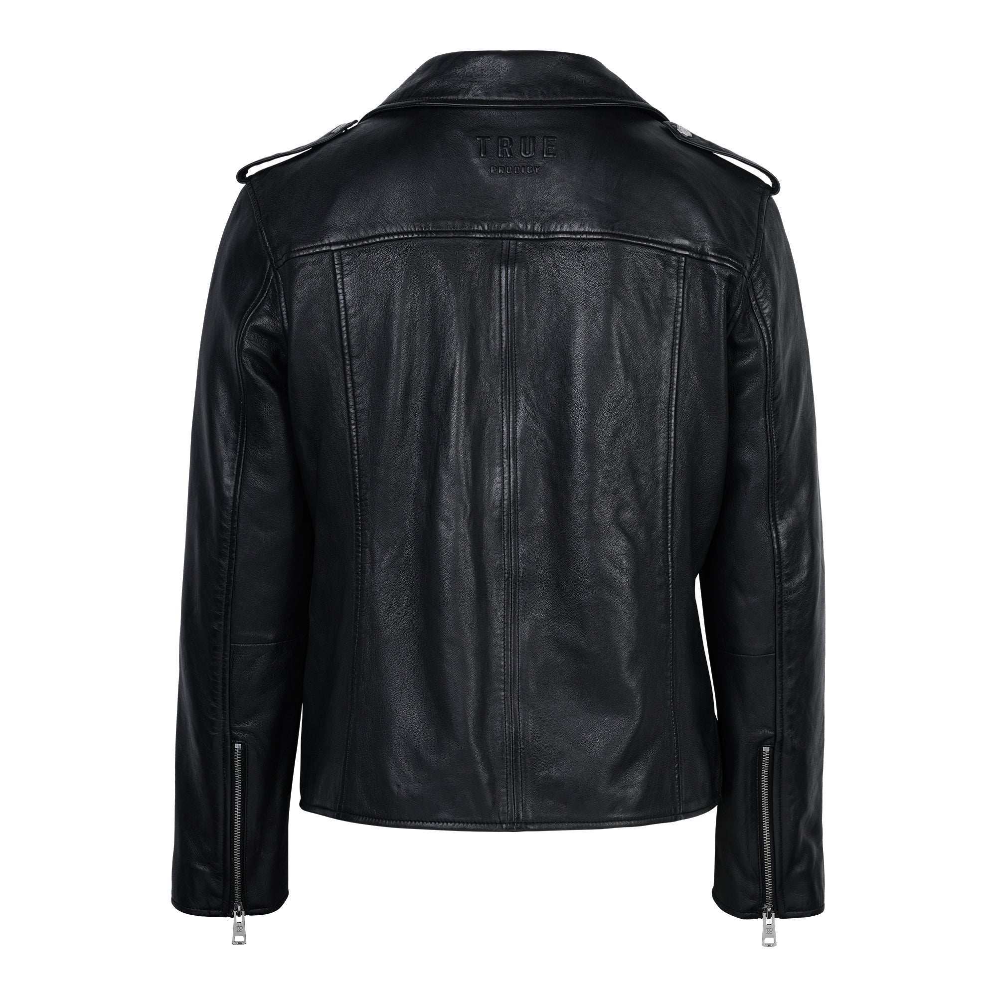 Eine schwarze trueprodigy Easton Leder-Bikerjacke wird von hinten gezeigt, mit Schulterklappen, Reißverschlussbündchen, sichtbaren Nähten und einem 3D-Logo unter dem Kragen.