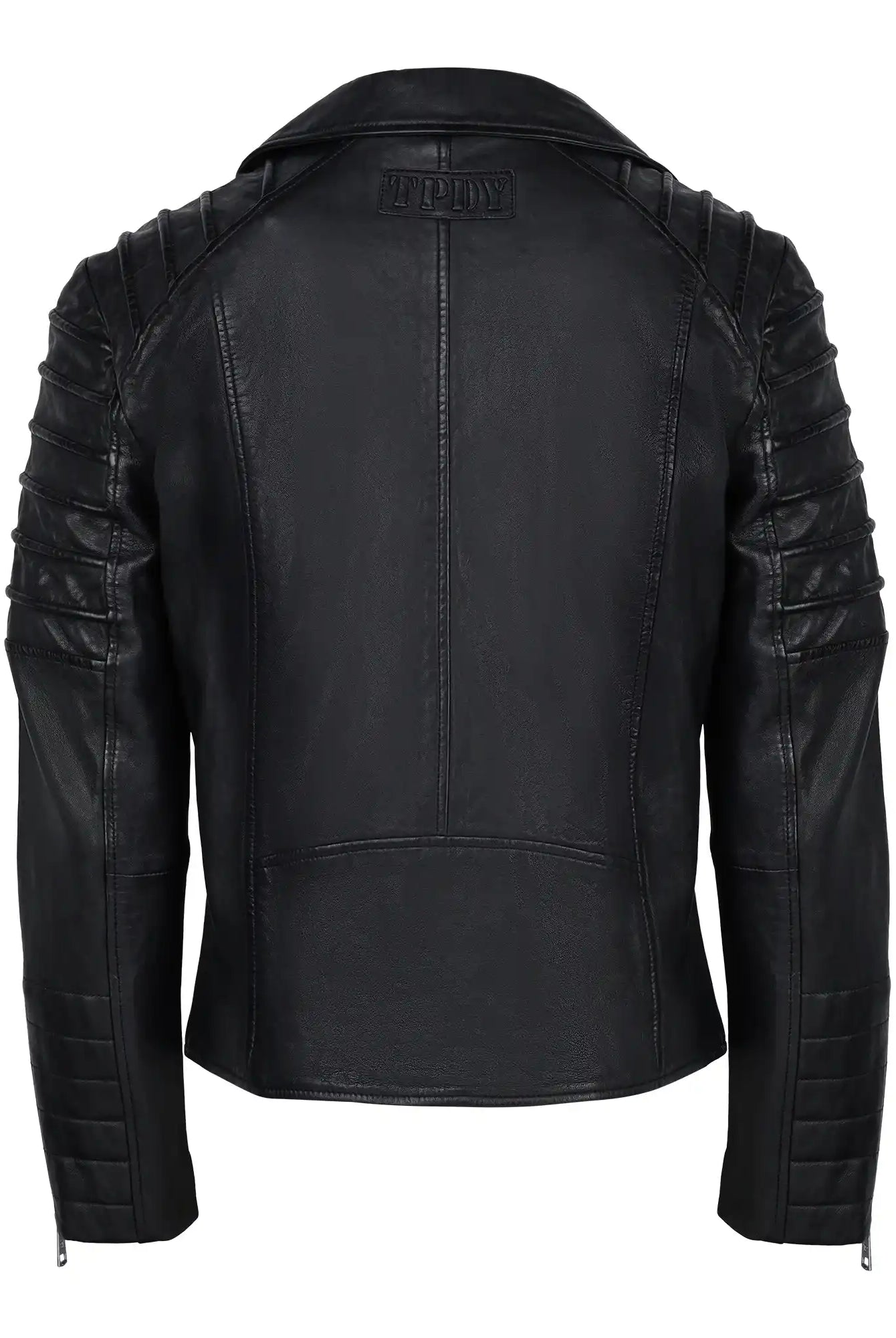 Die schwarze trueprodigy John Lederjacke Herren zeigt sich von hinten mit gesteppten Schultern und Ärmeln, sichtbaren Nähten, einem Kragen und einer dezenten "trueprodigy John"-Prägung auf dem oberen Rücken, die ein stilvolles Detail darstellt.