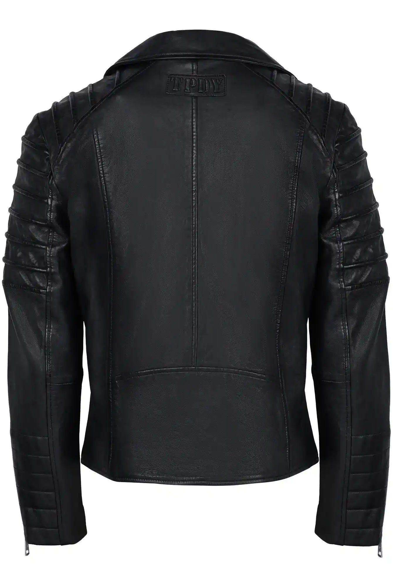 Die schwarze trueprodigy John Lederjacke Herren zeigt sich von hinten mit gesteppten Schultern und Ärmeln, sichtbaren Nähten, einem Kragen und einer dezenten "trueprodigy John"-Prägung auf dem oberen Rücken, die ein stilvolles Detail darstellt.