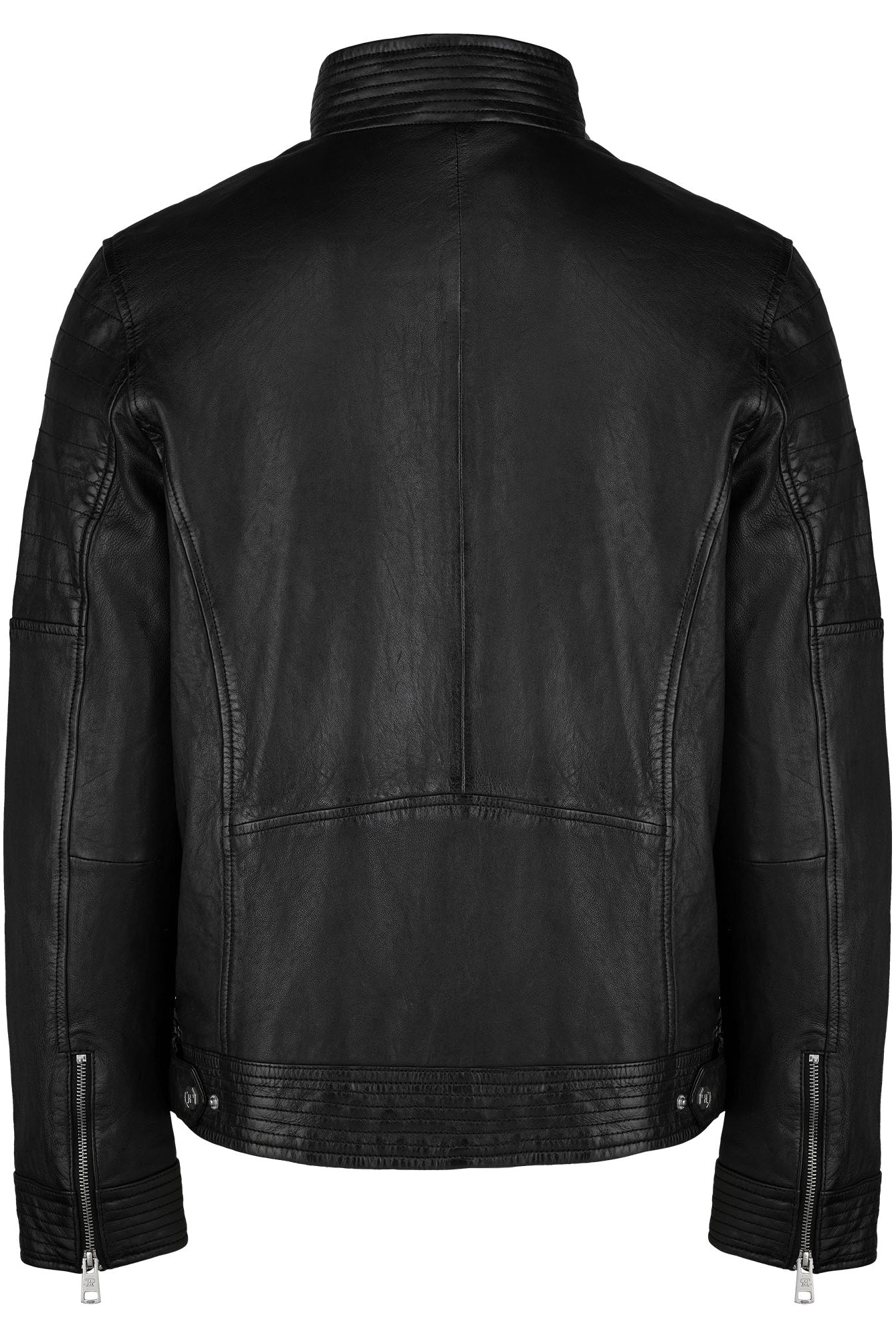Die trueprodigy Herren Lederjacke aus Schafsleder in Schwarz mit klassischem Blouson-Schnitt ist rückseitig zu sehen und besticht durch Stehkragen, sichtbare Nähte, Reißverschluss-Ärmel und taillierbare Knopfverschlüsse.