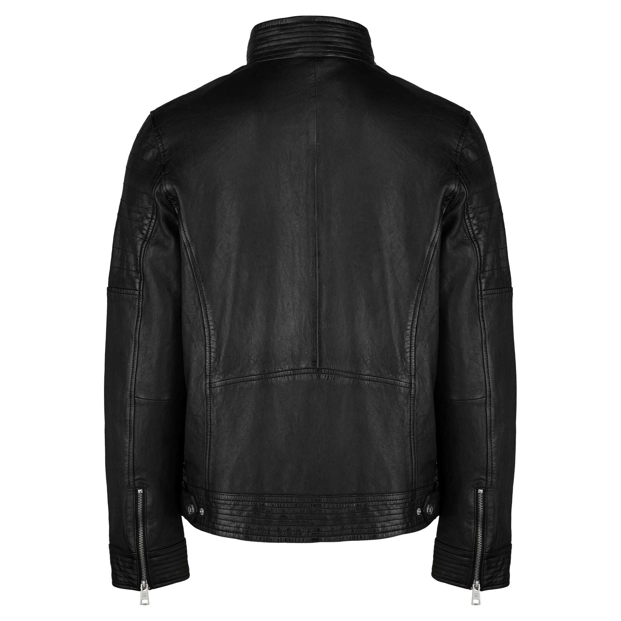 Die trueprodigy Herren Lederjacke aus Schafsleder in Schwarz mit klassischem Blouson-Schnitt ist rückseitig zu sehen und besticht durch Stehkragen, sichtbare Nähte, Reißverschluss-Ärmel und taillierbare Knopfverschlüsse.