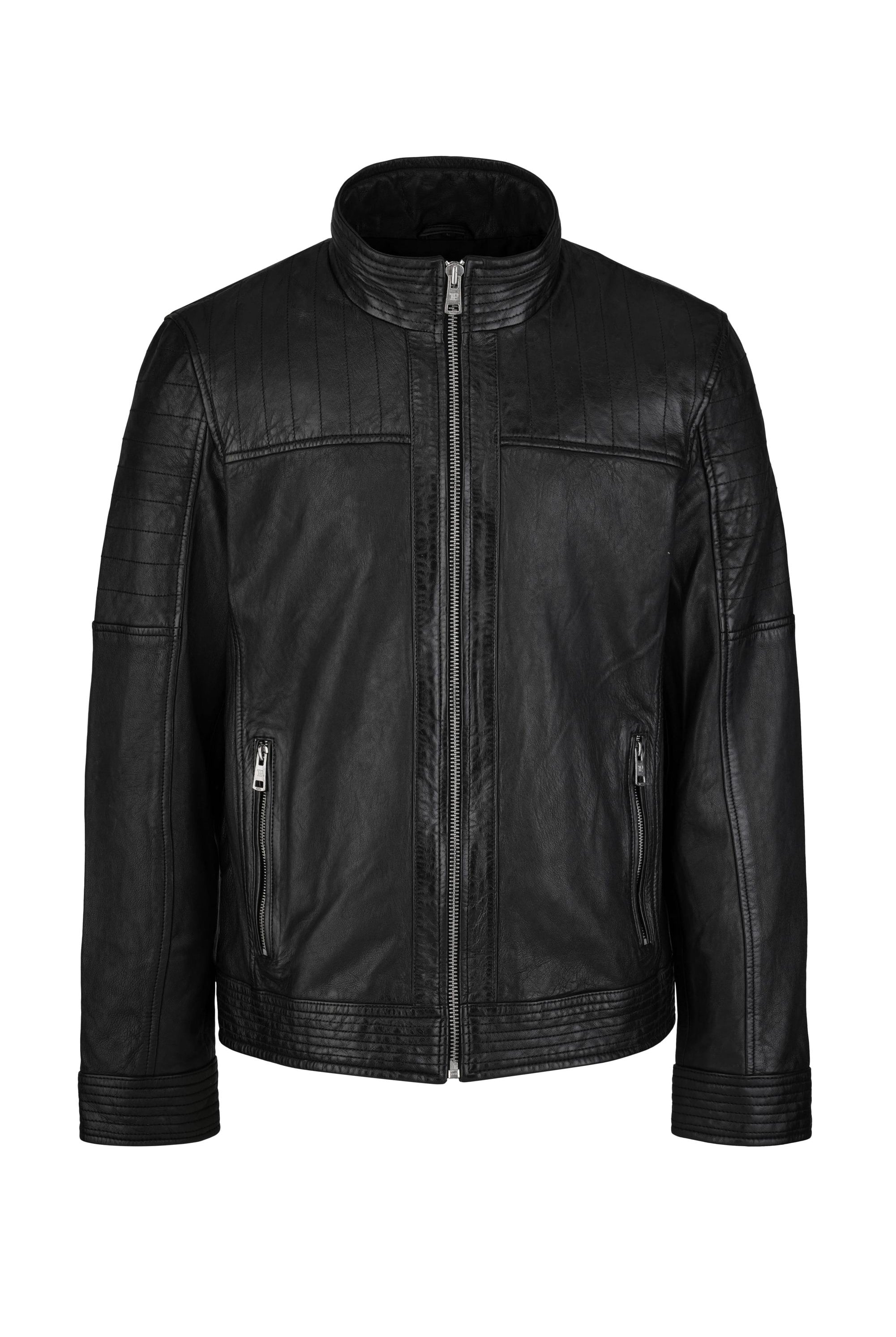 Die trueprodigy Herren Lederjacke aus Schafsleder in Schwarz mit klassischem Blouson-Schnitt bietet Frontreißverschluss, zwei seitliche Reißverschlusstaschen, Stehkragen und gesteppte Details an Schultern und Bündchen.