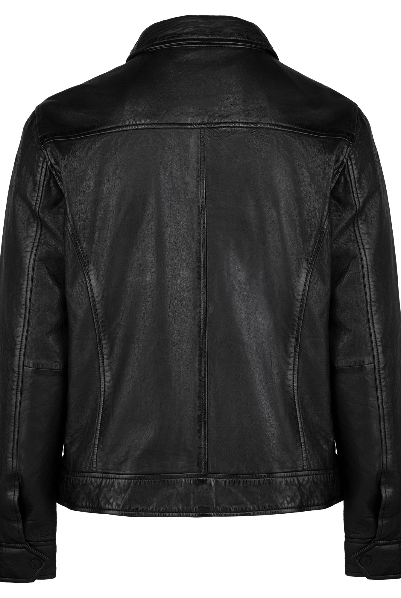 Die Herren Lederjacke aus Schafsleder in Schwarz von trueprodigy mit Hemd-Design zeigt sich von hinten, mit langen Ärmeln, Hemdkragen und markanten Nahtdetails.