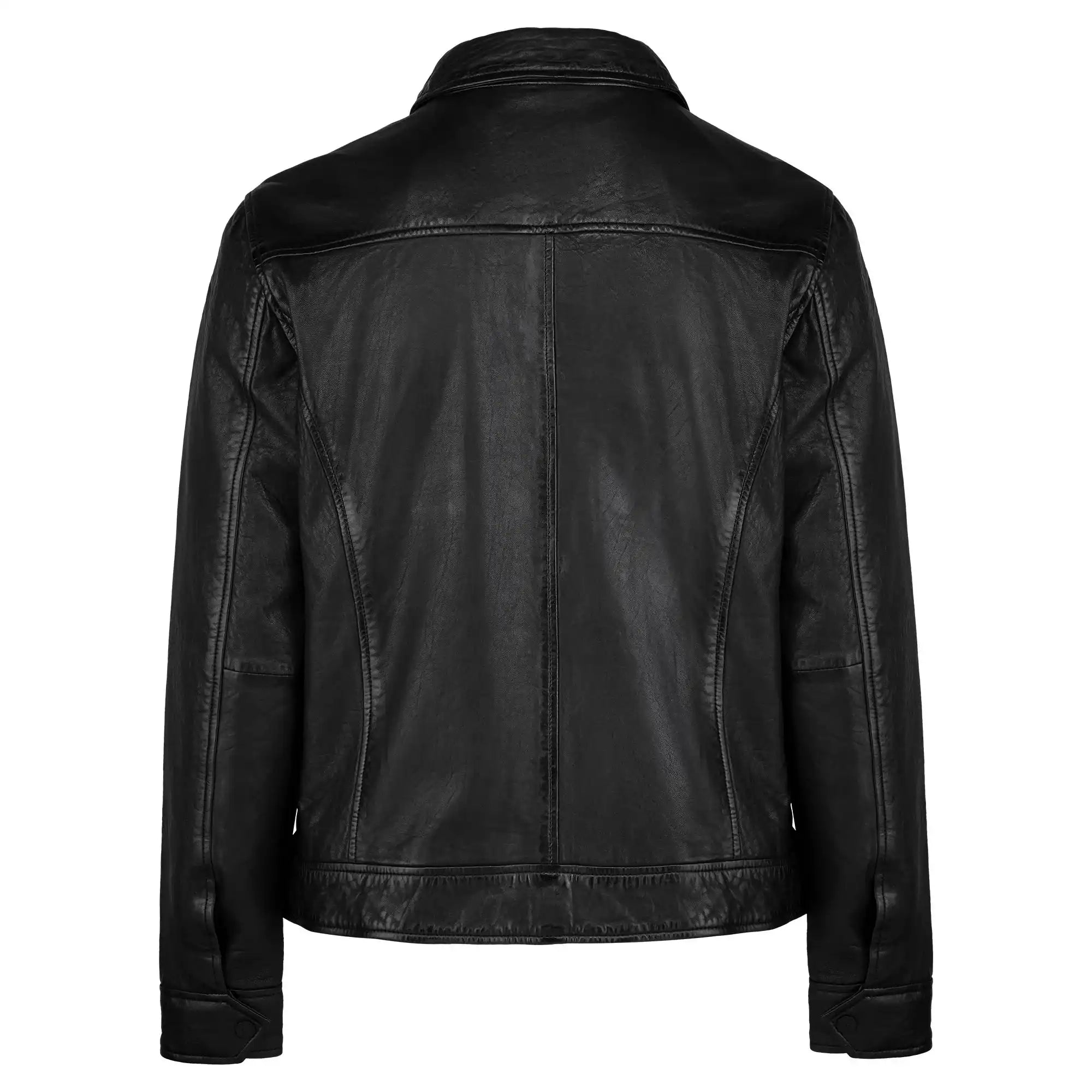 Die Herren Lederjacke aus Schafsleder in Schwarz von trueprodigy mit Hemd-Design zeigt sich von hinten, mit langen Ärmeln, Hemdkragen und markanten Nahtdetails.