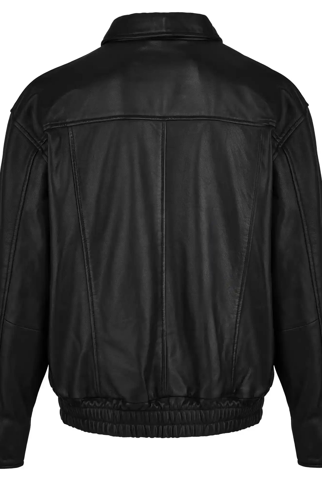 Die Herren Lederjacke aus Schafsleder in Schwarz von trueprodigy wird von hinten gezeigt und besticht mit klassischem Blouson-Schnitt, geradem Kragen, Teilungsnähten sowie elastischen Bündchen und glänzender Oberfläche für einen modernen Look.