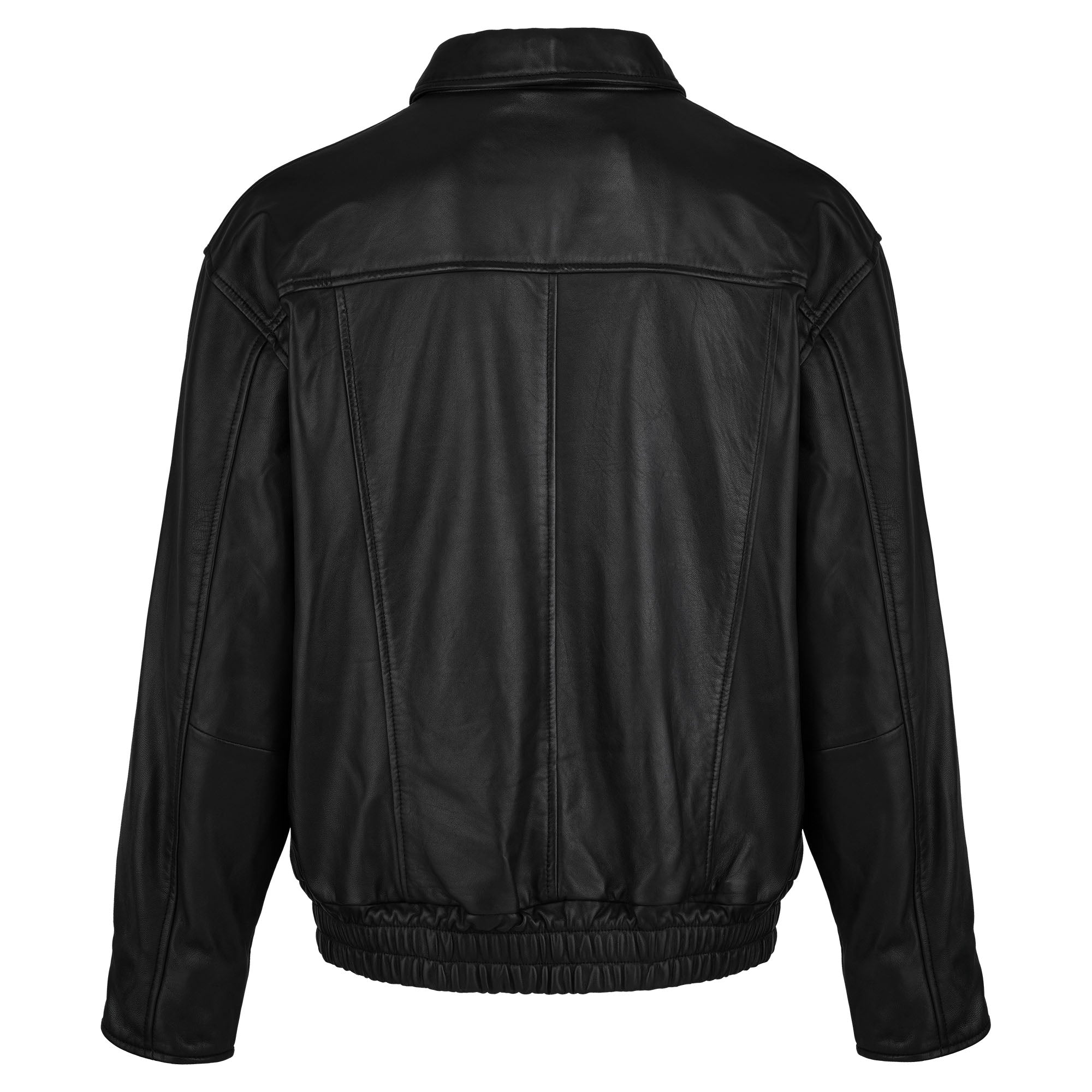 Die Herren Lederjacke aus Schafsleder in Schwarz von trueprodigy wird von hinten gezeigt und besticht mit klassischem Blouson-Schnitt, geradem Kragen, Teilungsnähten sowie elastischen Bündchen und glänzender Oberfläche für einen modernen Look.