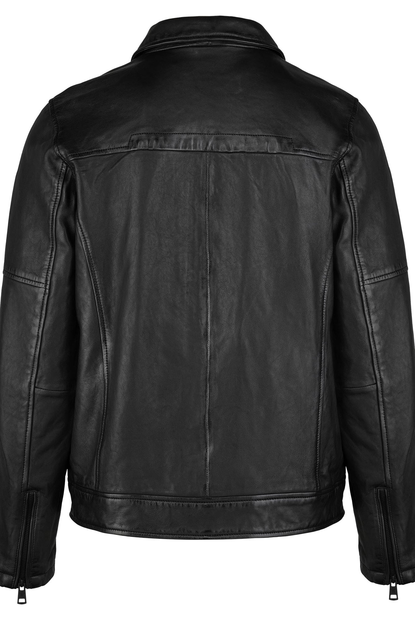 Die trueprodigy Herren Lederjacke aus Schafsleder in Schwarz ist von hinten zu sehen und zeigt lange Ärmel mit schwarzen Reißverschlüssen an den Manschetten, sichtbare Nähte und einen schlichten Kragen.