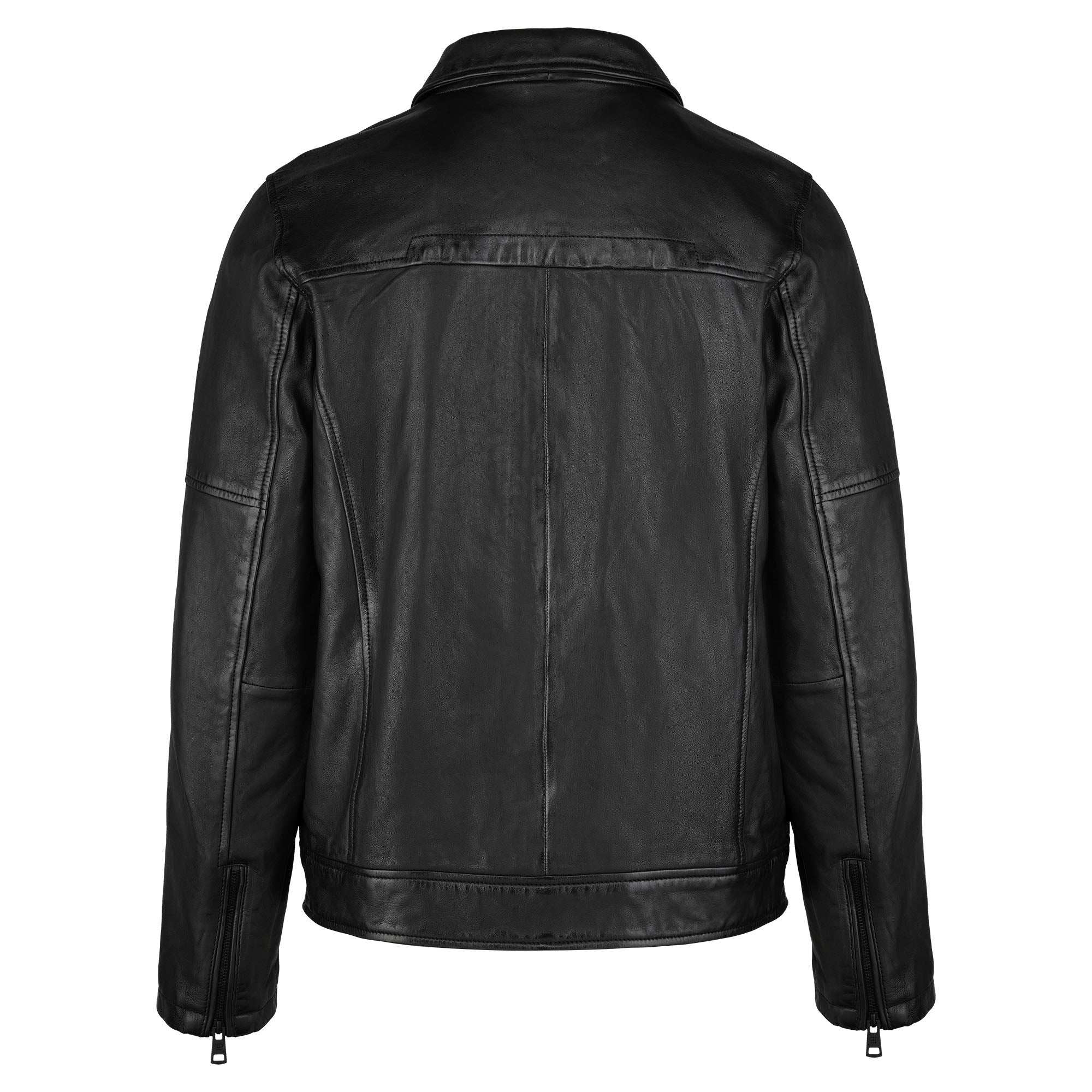 Die trueprodigy Herren Lederjacke aus Schafsleder in Schwarz ist von hinten zu sehen und zeigt lange Ärmel mit schwarzen Reißverschlüssen an den Manschetten, sichtbare Nähte und einen schlichten Kragen.