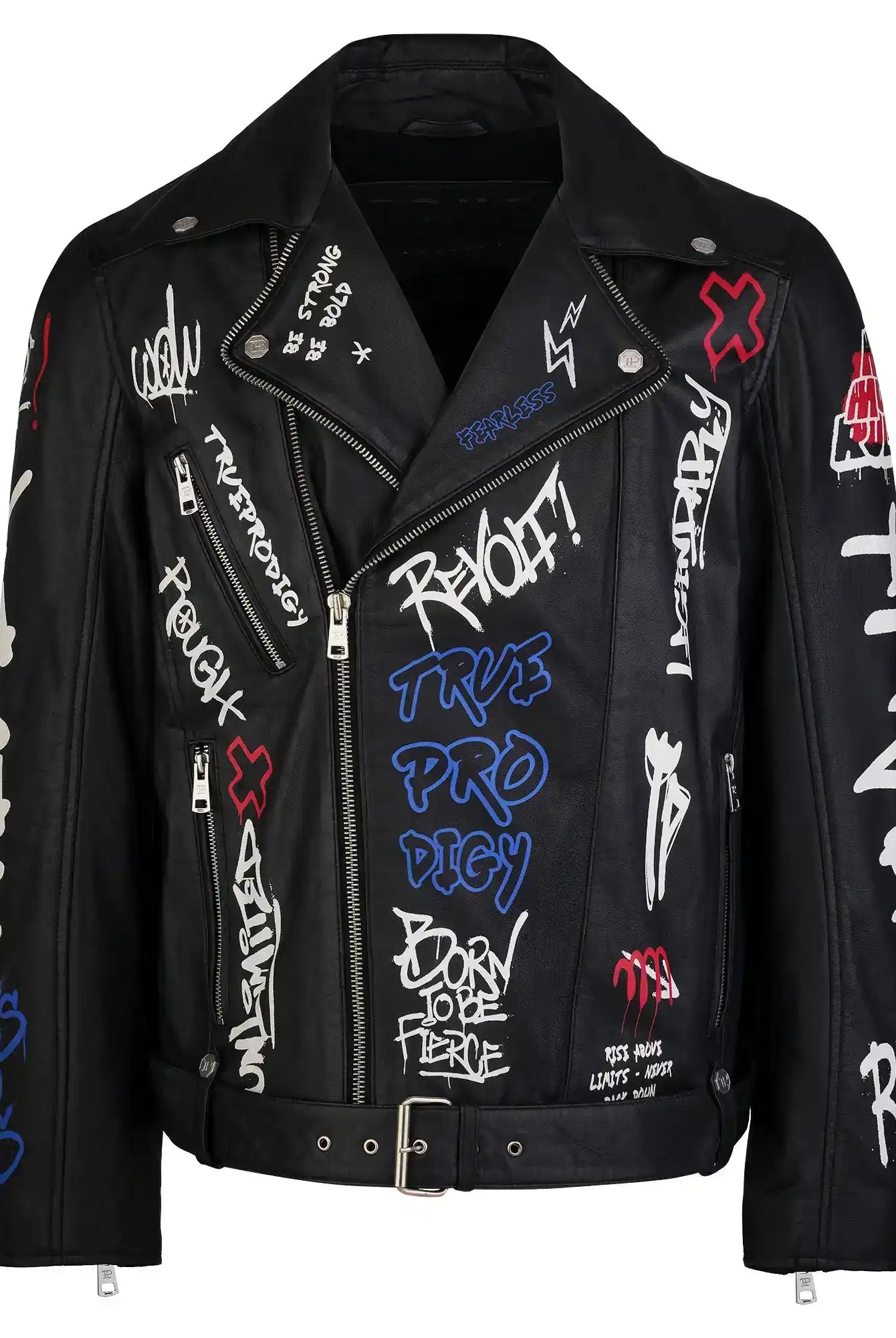 Die trueprodigy Herren Lederjacke aus Schafsleder in Schwarz besticht mit weißen, roten und blauen Graffiti-Prints auf Front, Ärmeln und Kragen - ein markanter Look mit silberner Hardware.