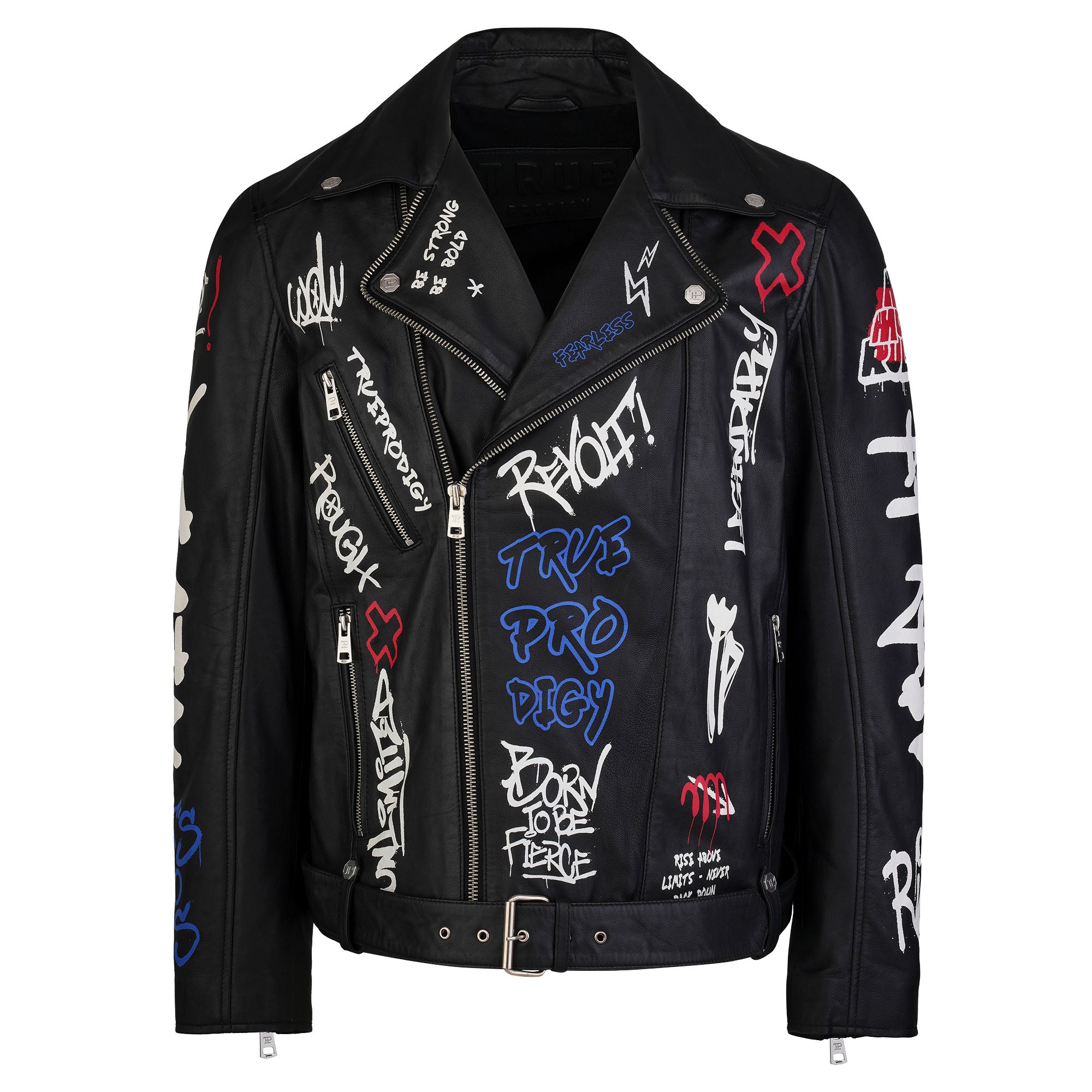 Die trueprodigy Herren Lederjacke aus Schafsleder in Schwarz besticht mit weißen, roten und blauen Graffiti-Prints auf Front, Ärmeln und Kragen - ein markanter Look mit silberner Hardware.