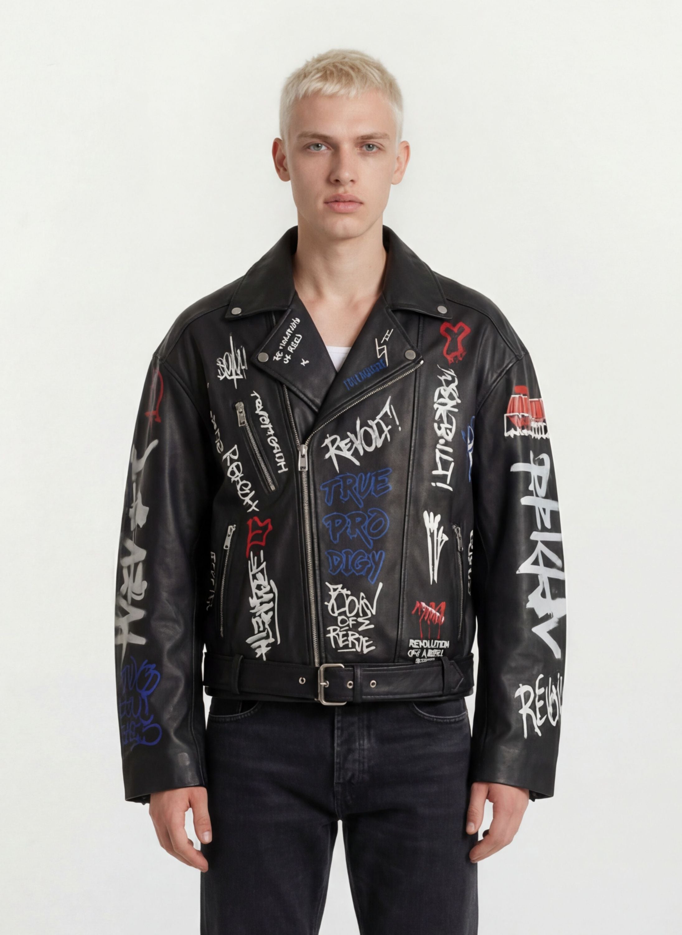 Ein junger Mann mit kurzen blonden Haaren trägt die trueprodigy Herren Lederjacke aus Schafsleder in Schwarz mit auffälligen Graffiti-Prints, nach vorne gerichtet vor einem schlichten weißen Hintergrund.