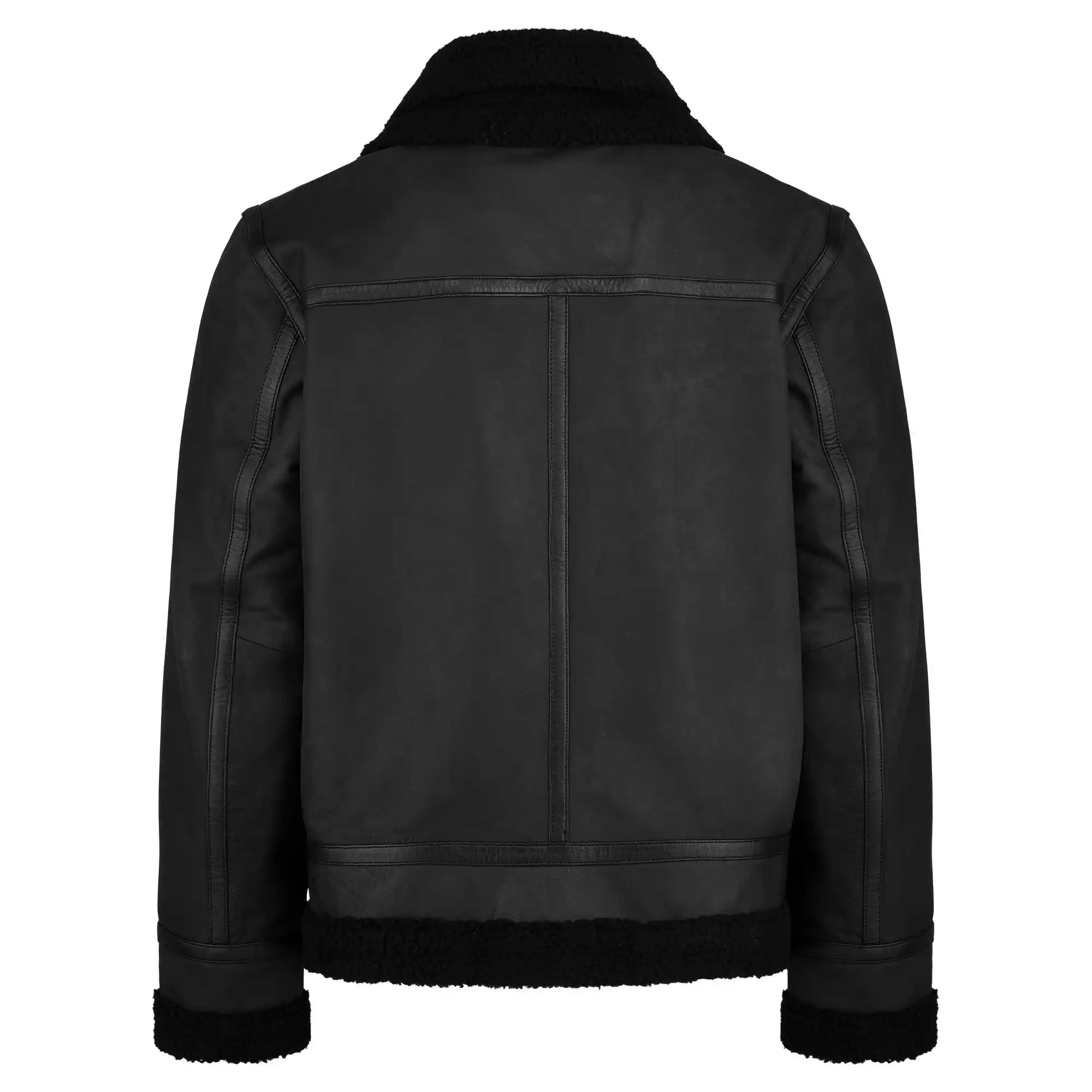 Die trueprodigy Herren Lederjacke aus Schafsleder in Schwarz im Aviator-Stil mit Fellbesatz wird von hinten gezeigt: gerader Schnitt, sichtbare Nähte, breiter Kragen sowie strukturierter Fellbesatz an Kragen, Ärmeln und Saum.