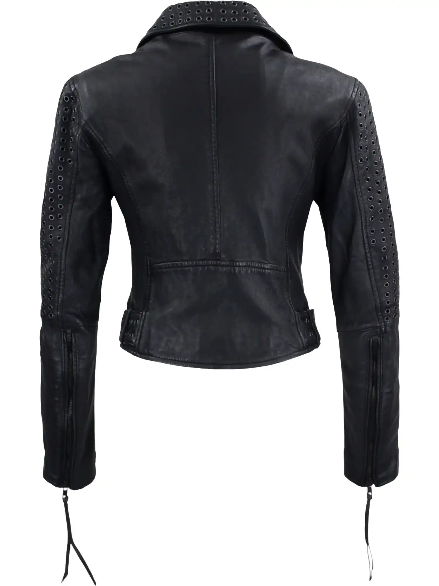 Die schwarze Trueprodigy Raven Bikerlederjacke mit Ösen, von hinten fotografiert, zeigt Ösendetails an Kragen, Schultern und Ärmeln sowie sichtbare Nähte und Reißverschlussbündchen für einen gewagten Look.