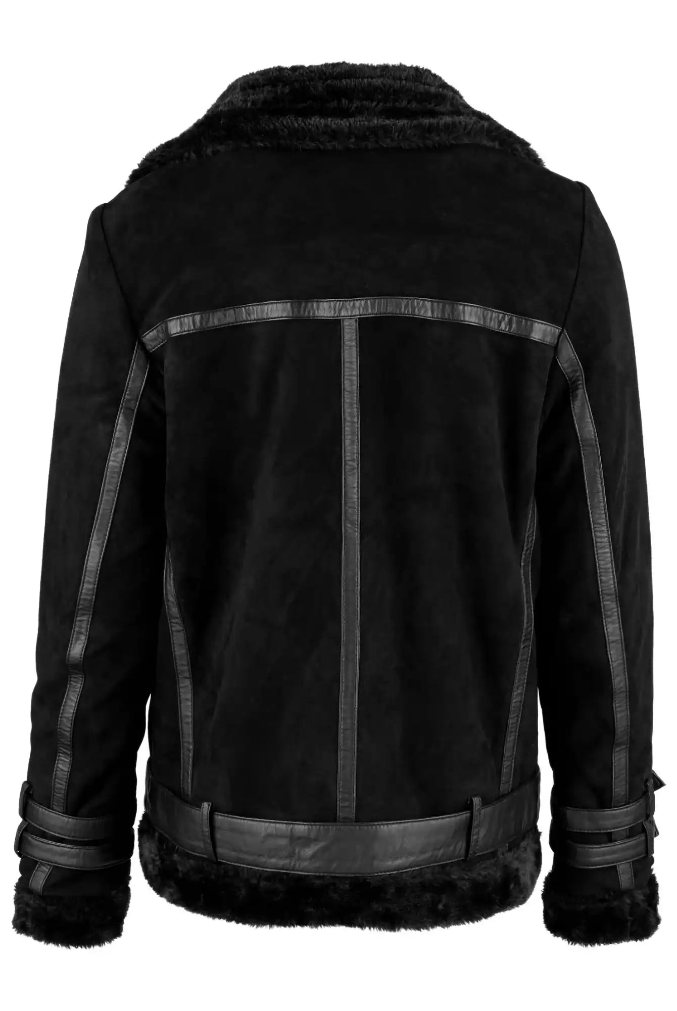 Schwarze Wilderlederjacke mit Gürtel von trueprodigy, von hinten gezeigt, mit Lederbesatz, Pelzkragen und Schnallen an den Ärmeln und am Bund.
