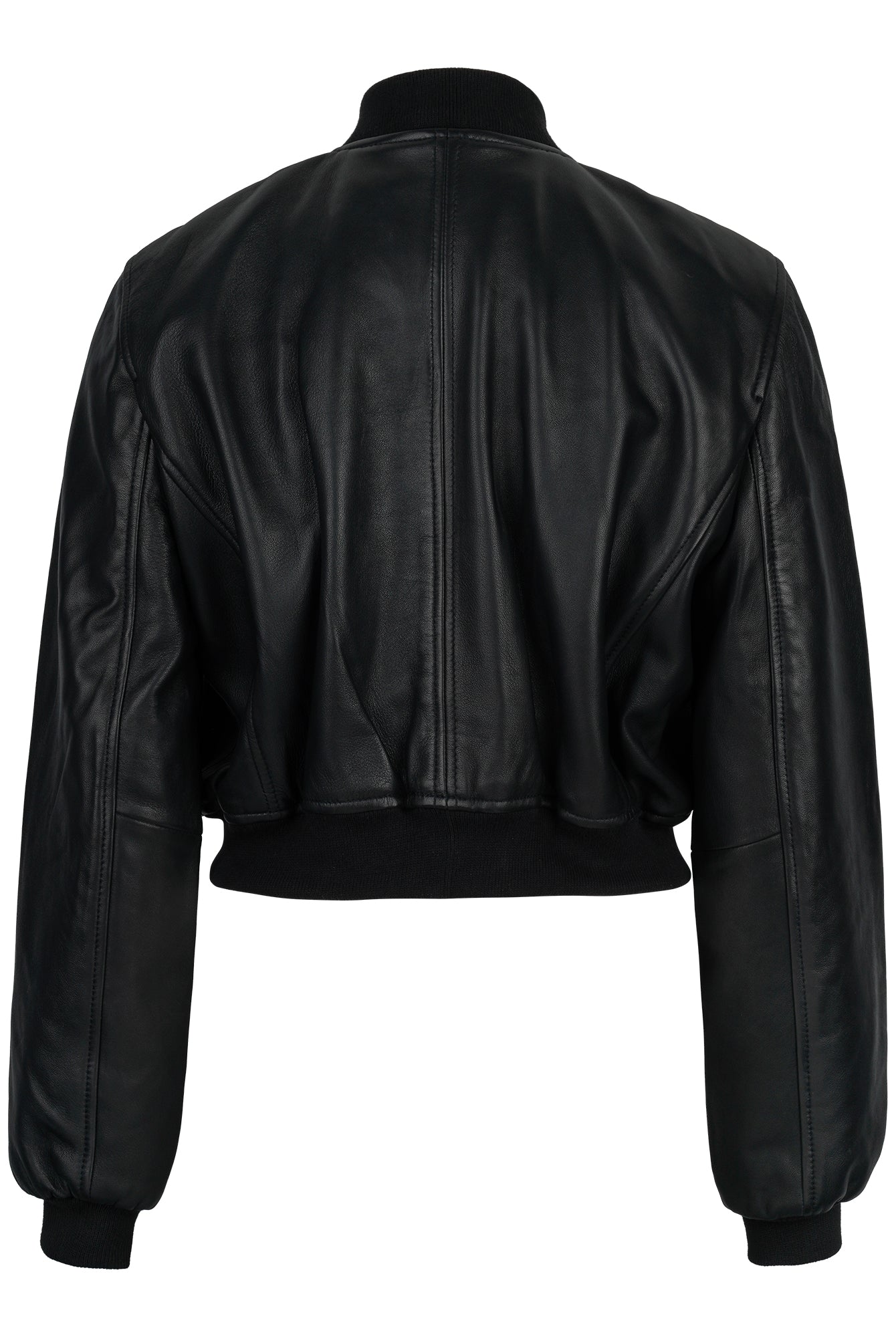 Eine schwarze, kurz geschnittene Lederjacke, die Bomber-Lederjacke für Damen „Paola“ mit Stehkragen von trueprodigy, wird von hinten vor einem schlichten weißen Hintergrund gezeigt. Sie verfügt über lange Ärmel, einen gerippten Bund und gerippte Ärmelbündchen, was ihren klassischen Bomber-Stil unterstreicht.