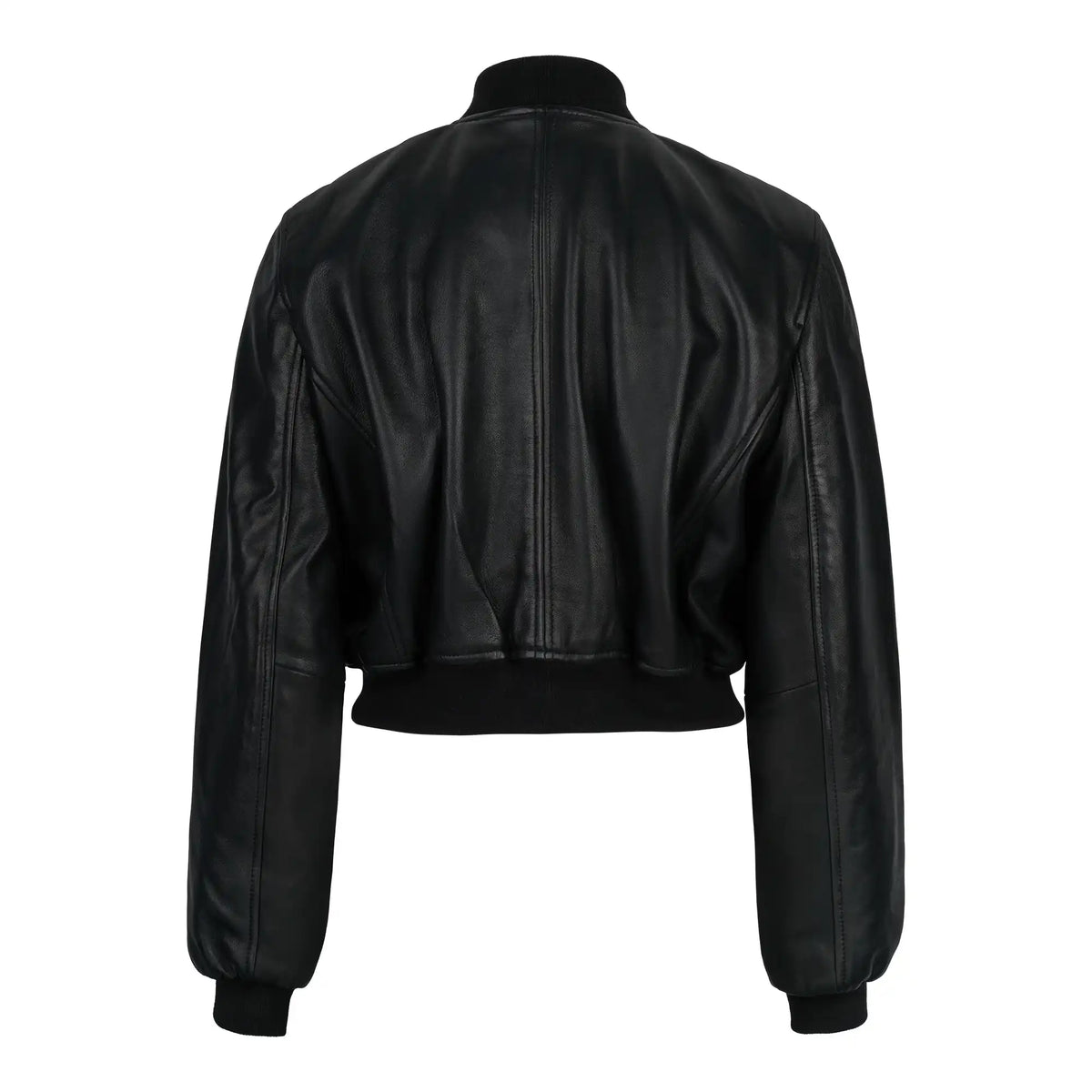 Eine schwarze, kurz geschnittene Lederjacke, die Bomber-Lederjacke für Damen „Paola“ mit Stehkragen von trueprodigy, wird von hinten vor einem schlichten weißen Hintergrund gezeigt. Sie verfügt über lange Ärmel, einen gerippten Bund und gerippte Ärmelbündchen, was ihren klassischen Bomber-Stil unterstreicht.