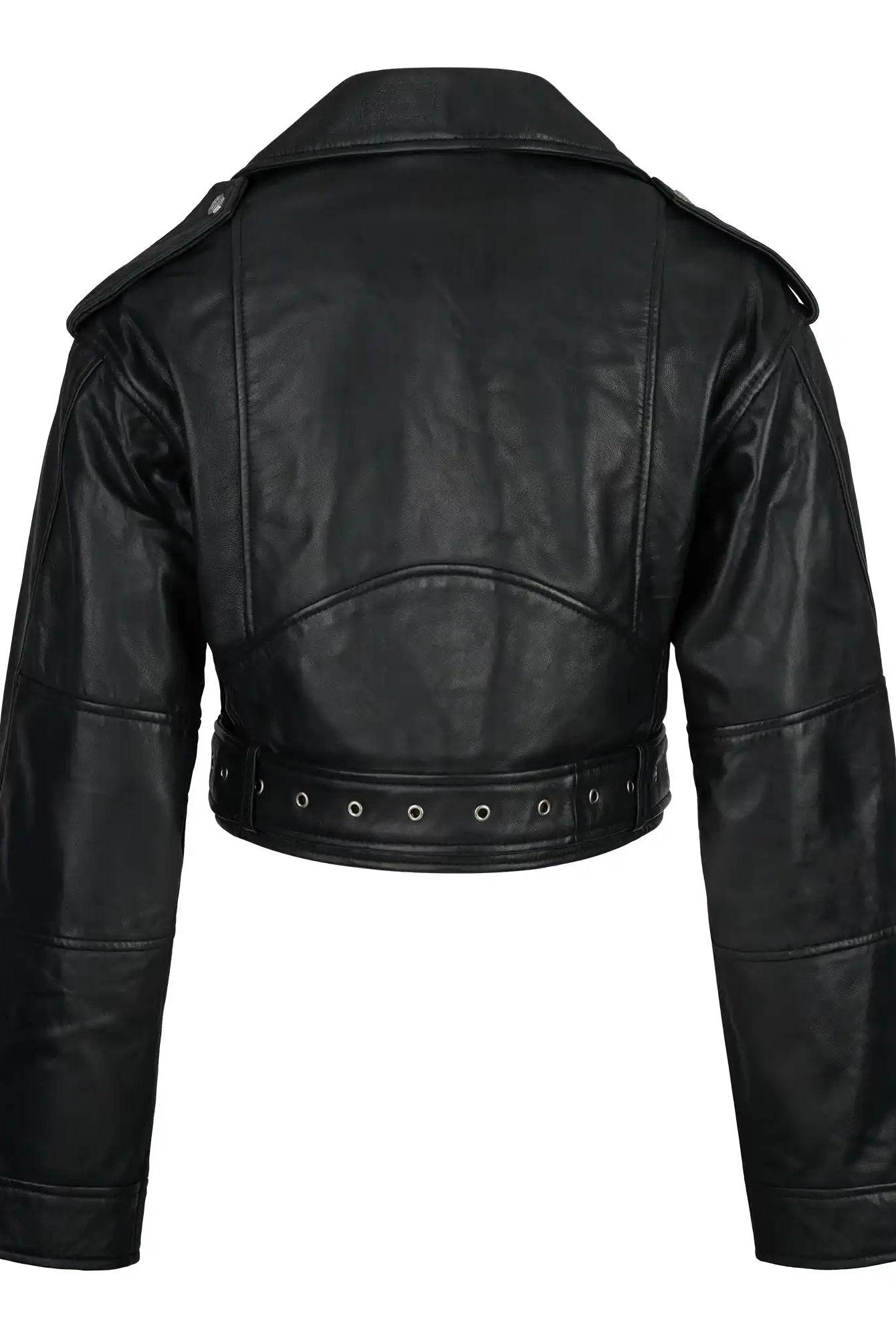 Die Rosa Kurze Bomber-Lederjacke von trueprodigy wird von hinten gezeigt. Sie hat lange Ärmel, einen spitzen Kragen, markante Nähte und einen Taillengürtel mit Metallelementen für eine strukturierte Optik.