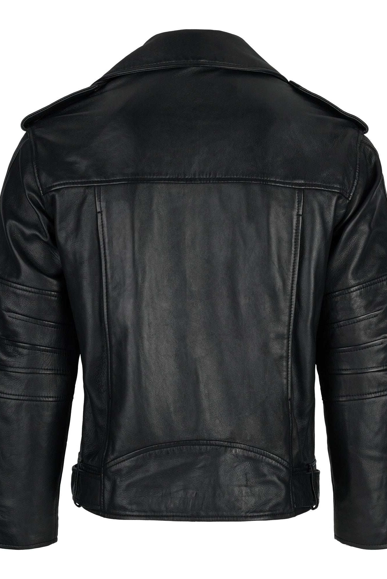 Die schwarze Dua Lange Bikerlederjacke in Übergröße von trueprodigy zeigt sich von hinten und hat ein strukturiertes Design mit sichtbaren Nähten, einen geraden Saum, lange Ärmel und einen breiten Kragen.