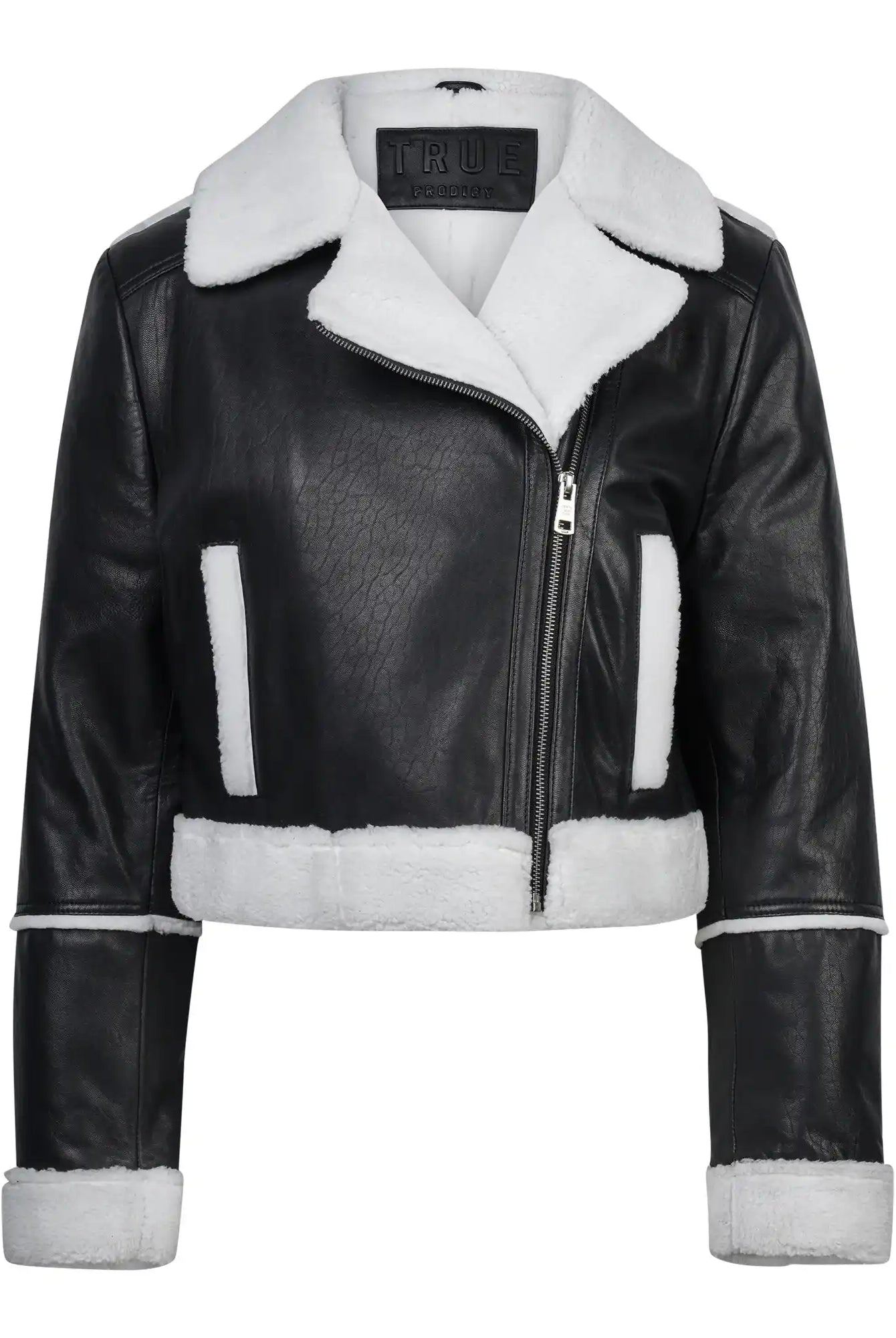 Die Damen-Lederjacke mit weißen Teddy-Kontrasten von trueprodigy bietet einen asymmetrischen Zipper und breite Kragen für einen klassischen Aviator-Style. Das schwarze Kunstleder ist an Kragen, Bündchen, Saum & Taschen weiß abgesetzt.