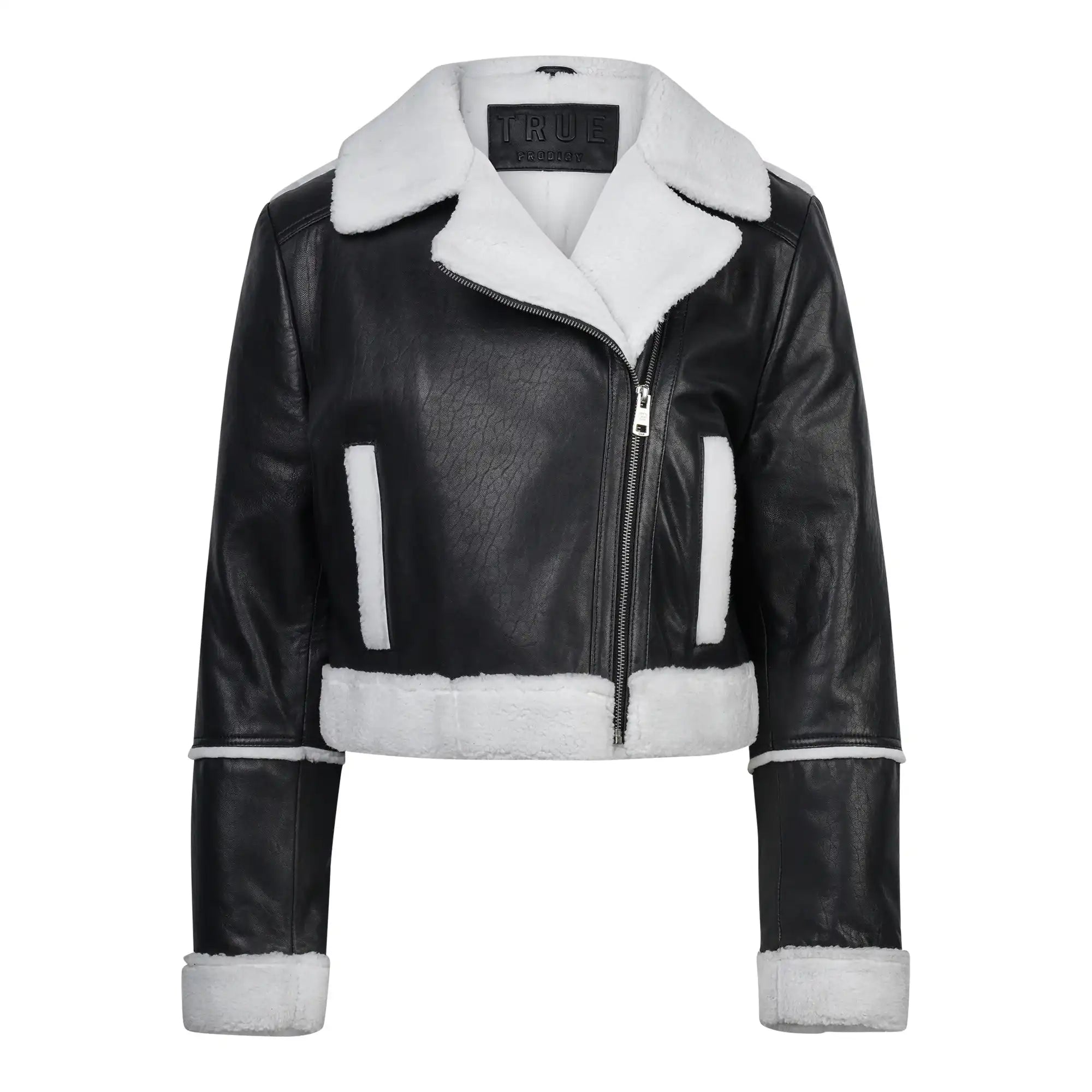 Die Damen-Lederjacke mit weißen Teddy-Kontrasten von trueprodigy bietet einen asymmetrischen Zipper und breite Kragen für einen klassischen Aviator-Style. Das schwarze Kunstleder ist an Kragen, Bündchen, Saum & Taschen weiß abgesetzt.