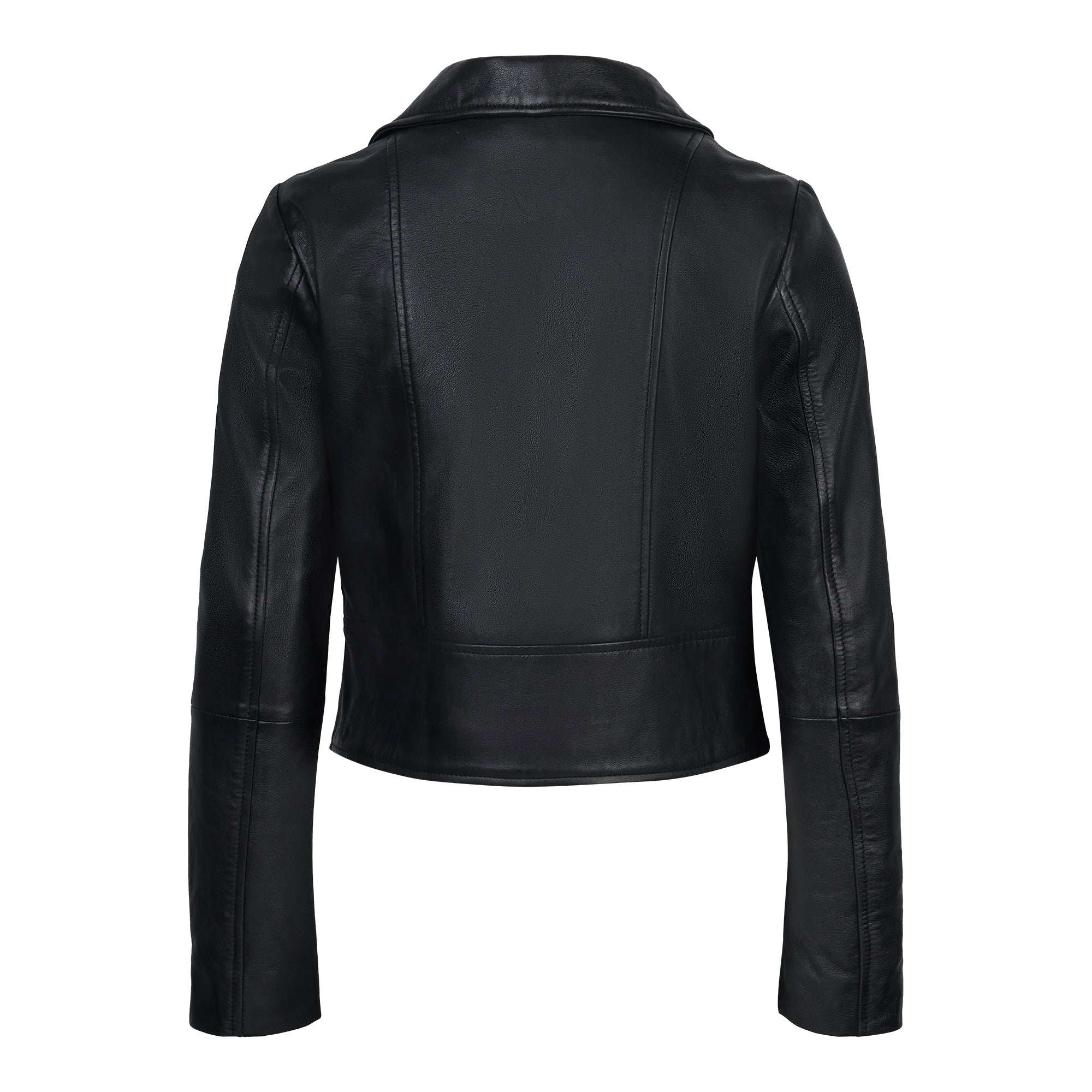 Das Bild zeigt die Rückansicht der taillierten Stella Lederjacke von trueprodigy aus schwarzem Schafsleder mit langen Ärmeln, Kragen, Panelnähten sowie schwarzem Reißverschluss und Ärmelzipper. Keine sichtbaren Marken oder Verzierungen.